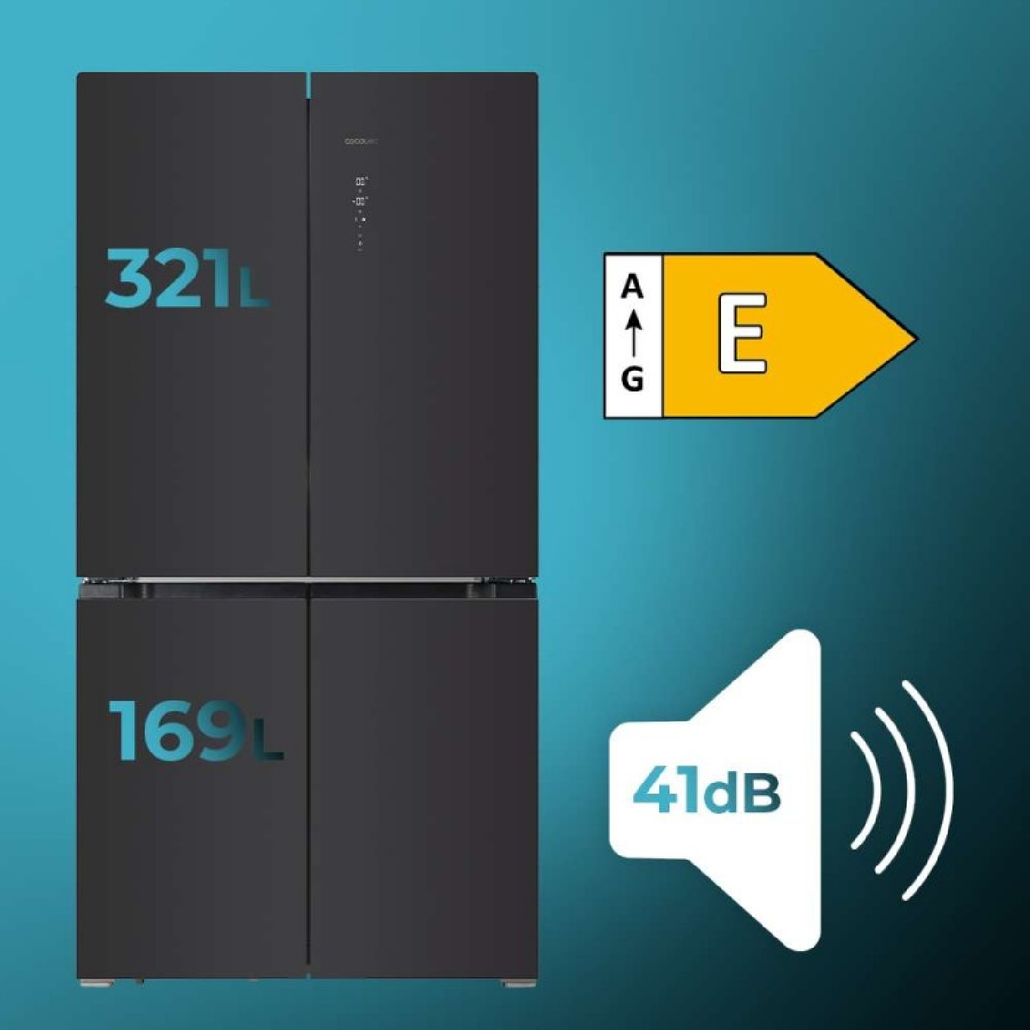 Refrigerador negro con capacidad de 321L y 169L, eficiencia energética E, 41dB.