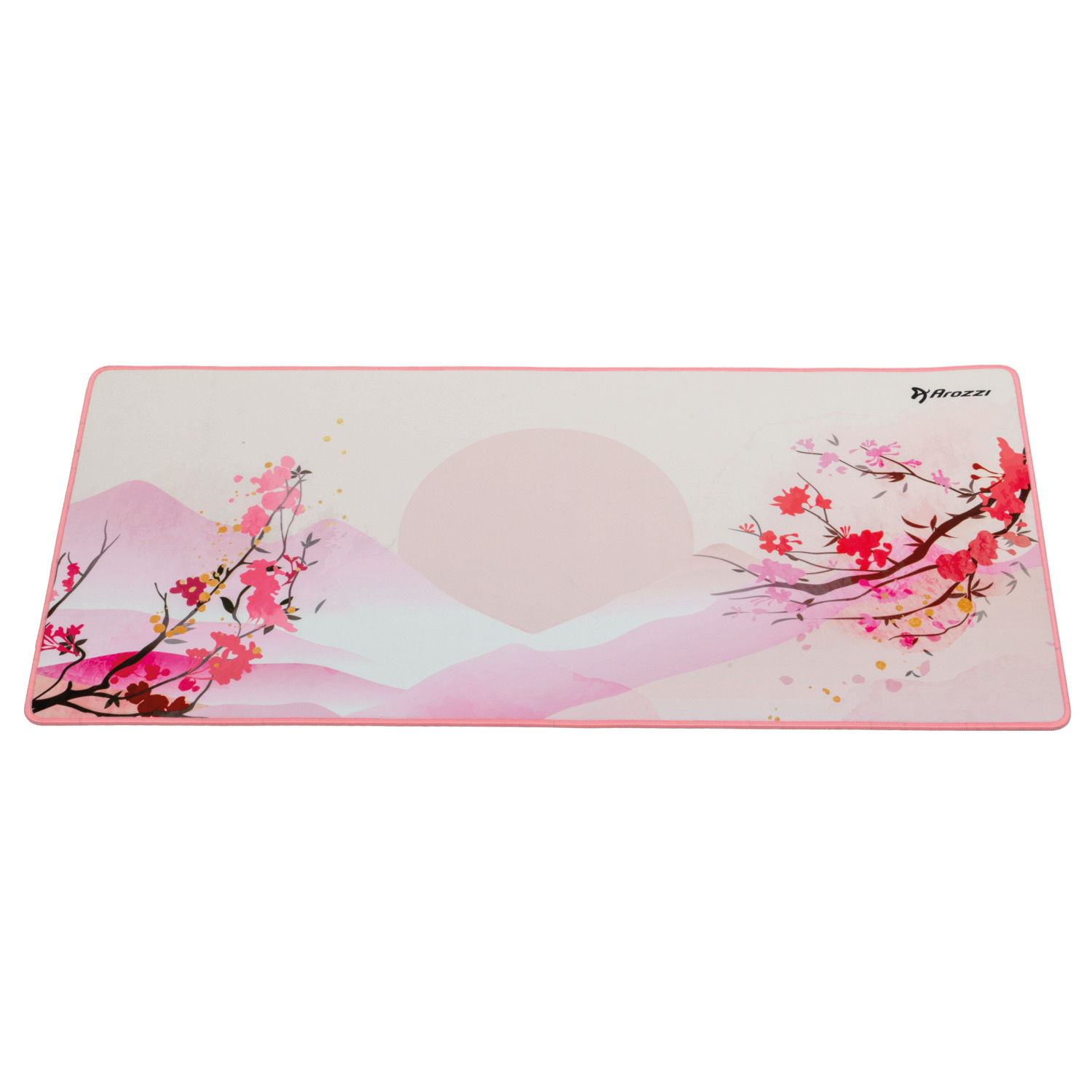 Arozzi-Mauspad mit rosa Kirschblüten und Bergdesign.