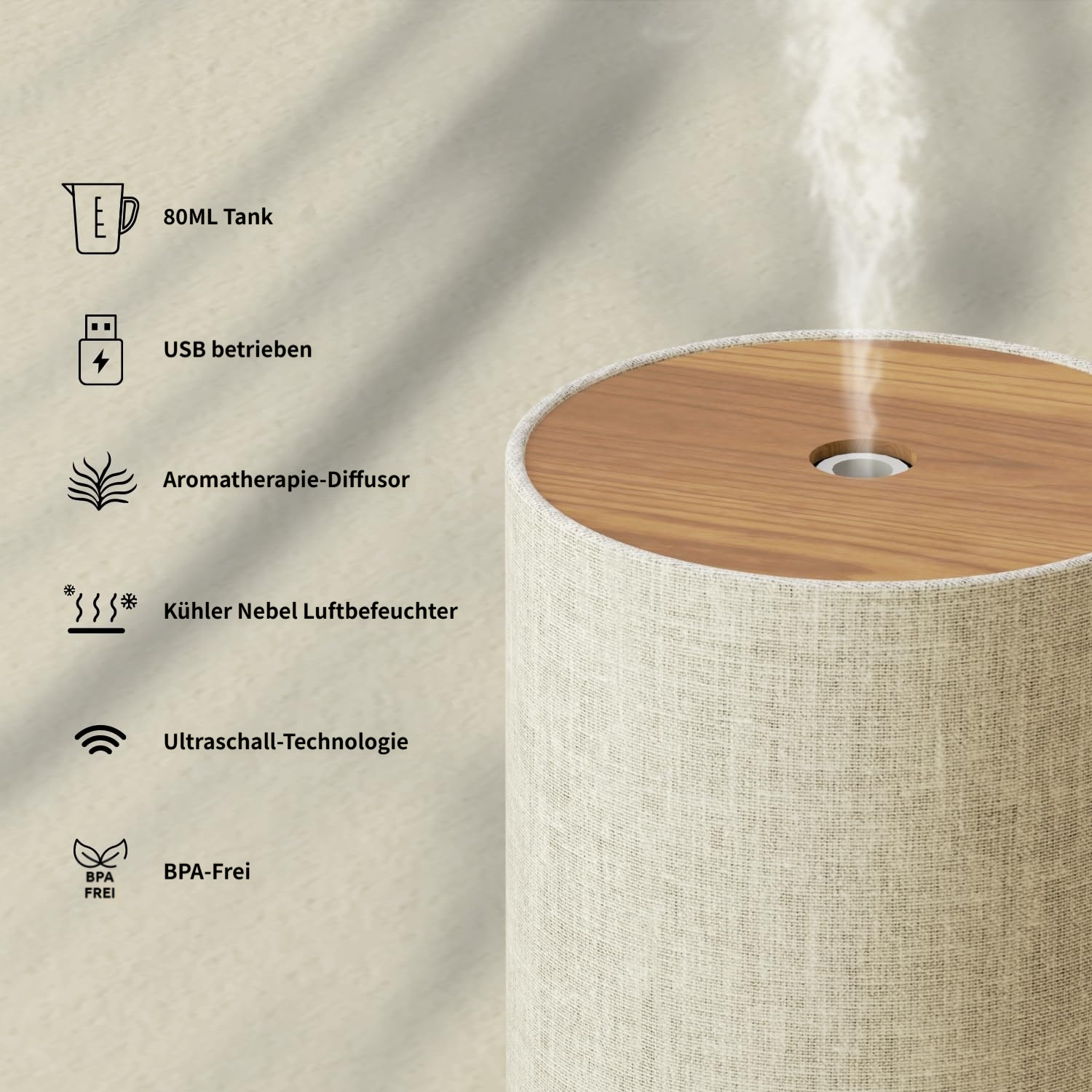Ein Diffusor mit Holzmuster gibt Dampf ab. Links sind Icons und Text zu Funktionen.
