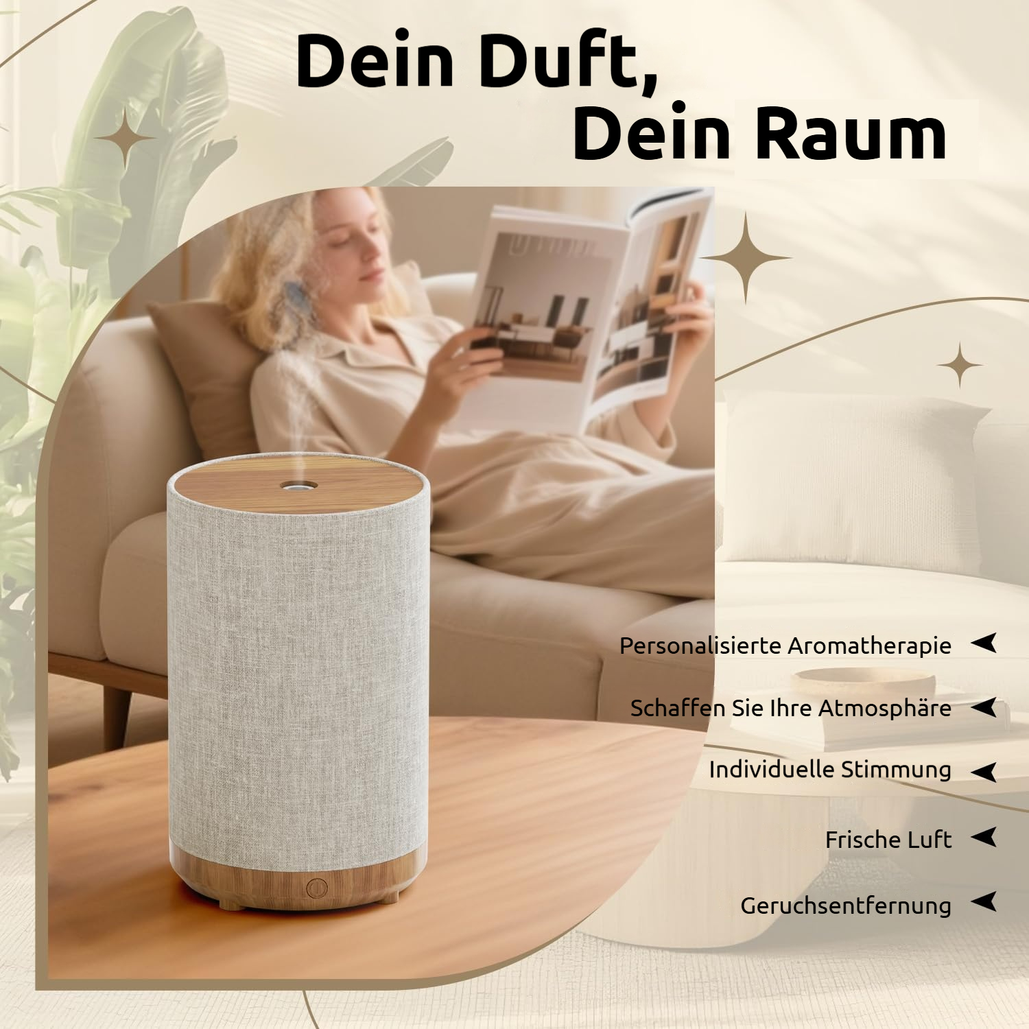 Ein Diffusor auf einem Holztisch vor einer Frau, die ein Magazin liest.