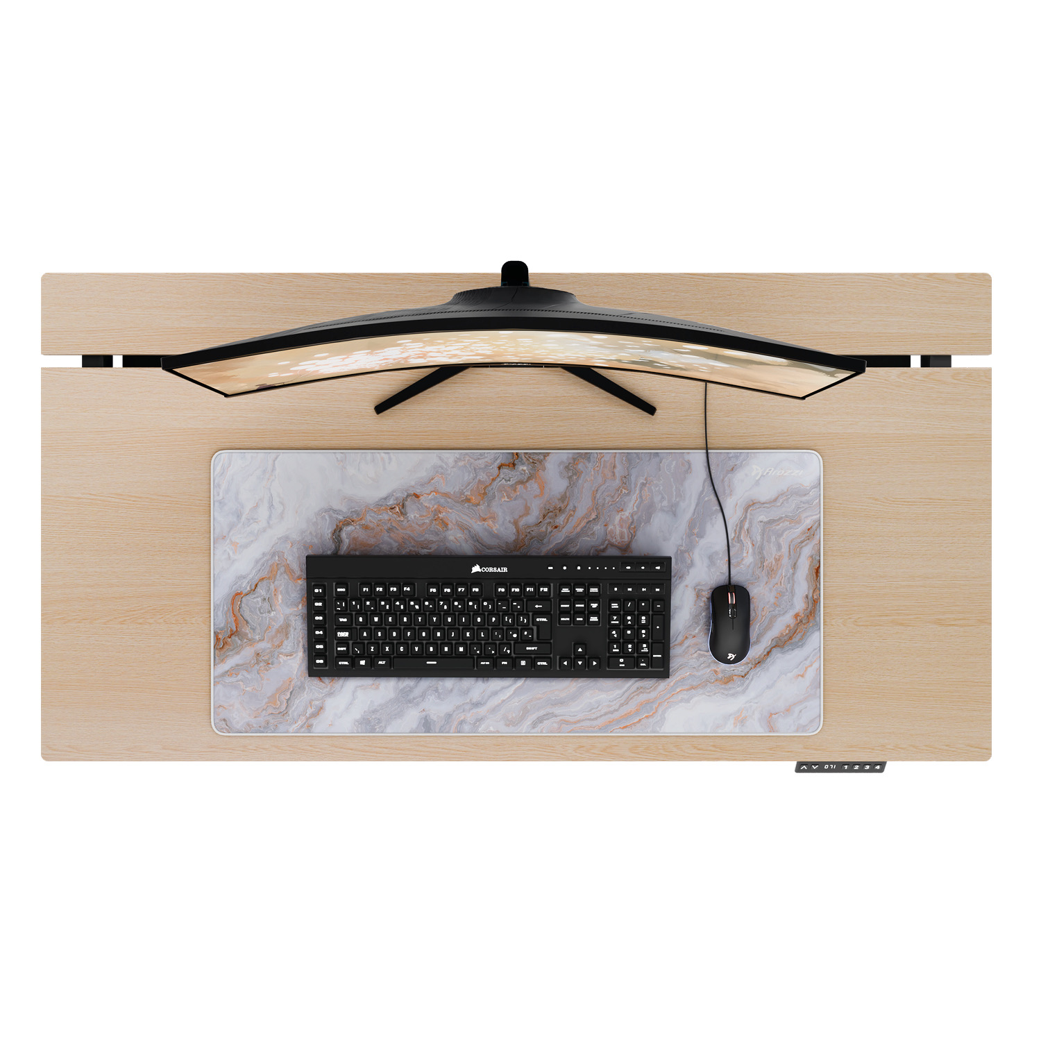 Ein gebogener Monitor, Tastatur und Maus auf einem Schreibtisch mit Marmormuster.