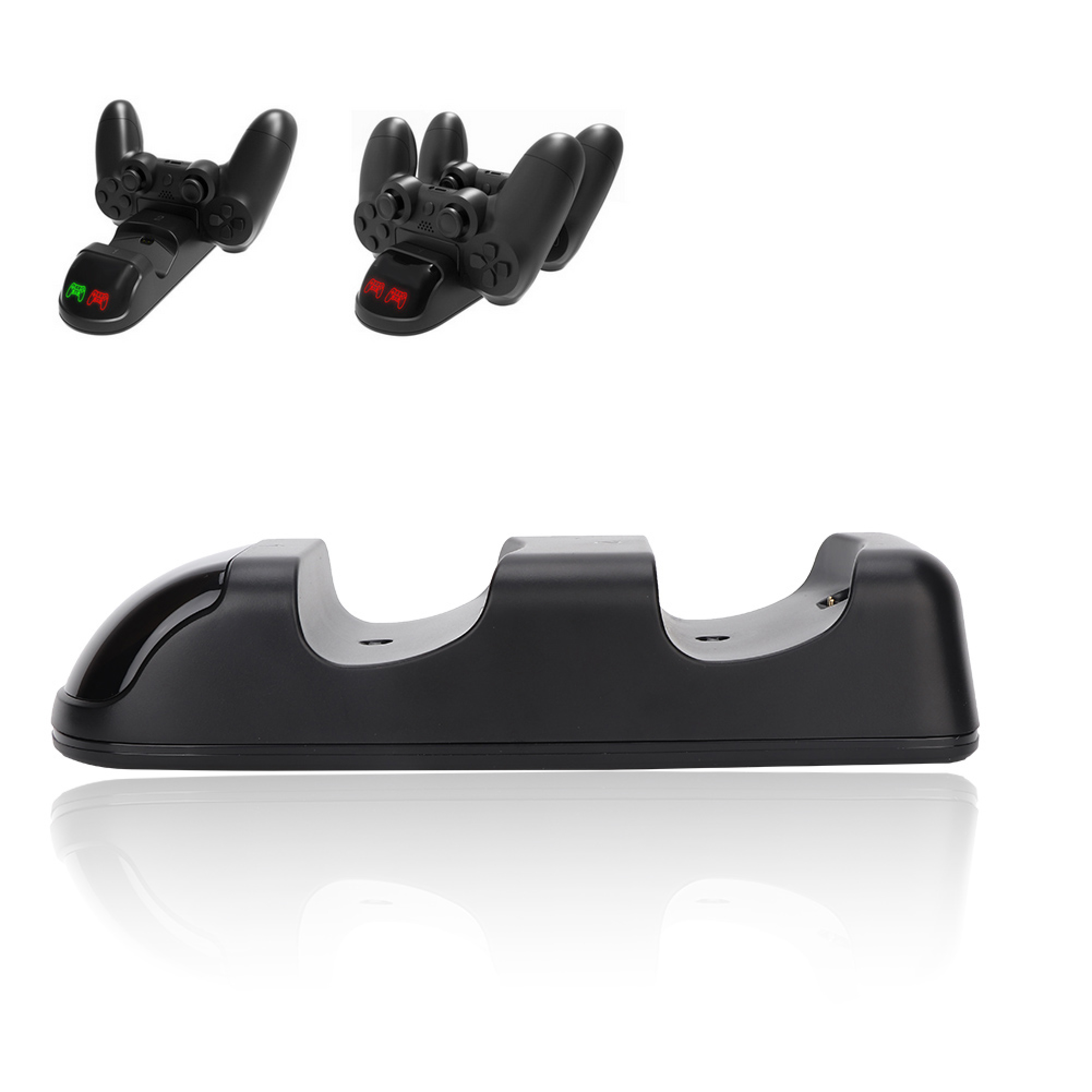 Schwarze Ladestation für zwei Controller mit Lichtern und zwei Controller oben.