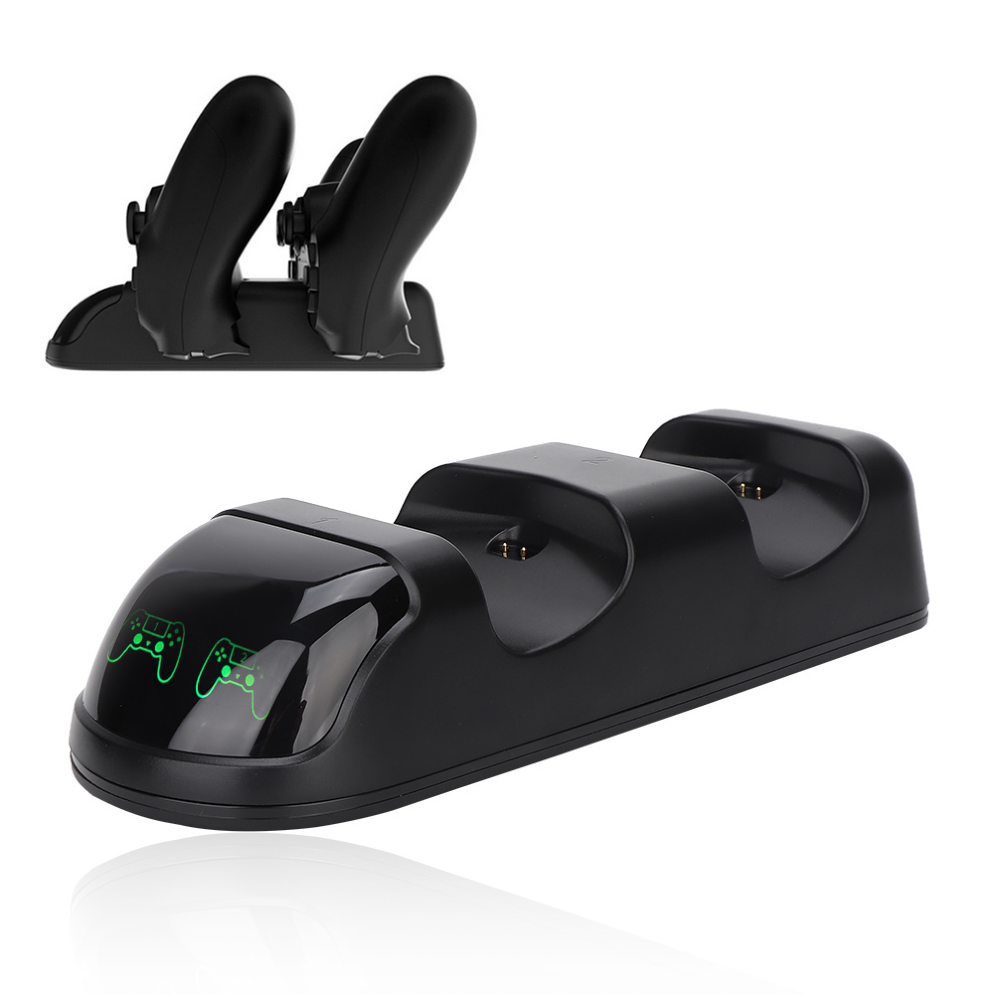 Schwarzer Dual-Controller-Ladestation mit grünen Gamepad-Symbolen.