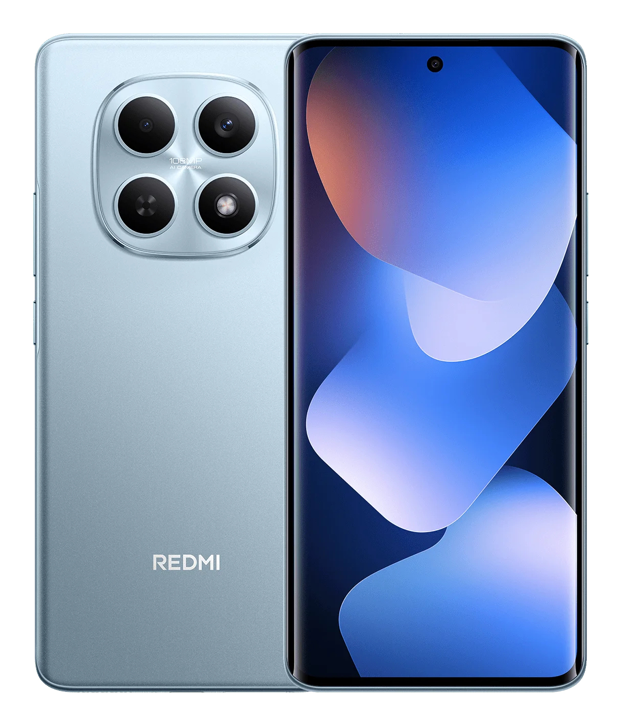 Ein hellblaues Redmi-Handy mit Vierfachkamera und gekrümmtem Bildschirm.