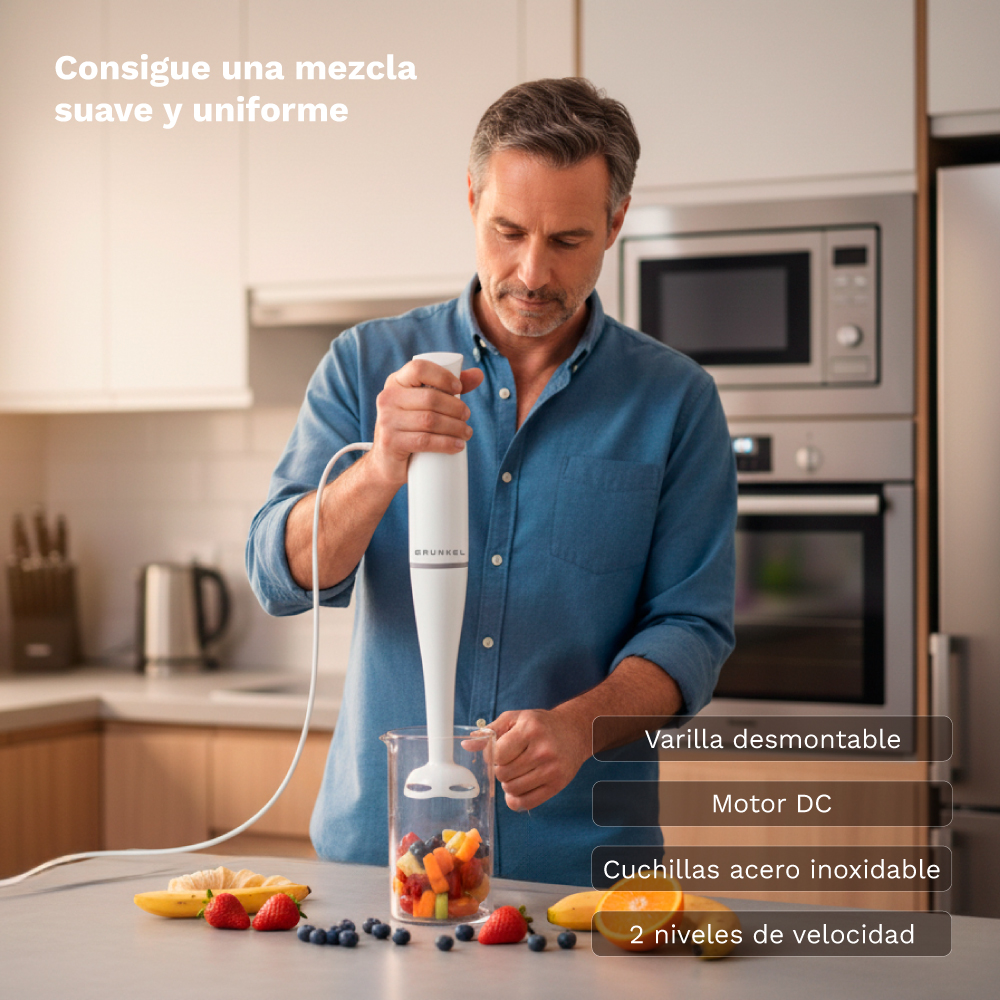 Hombre licúa fruta con batidora de mano en vaso en cocina.