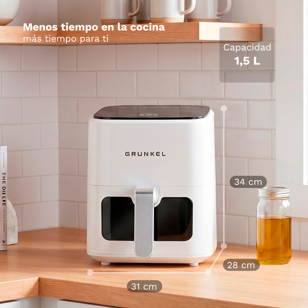 Friggitrice ad aria GRUNKEL bianca con controlli digitali, capacità 1,5 L.