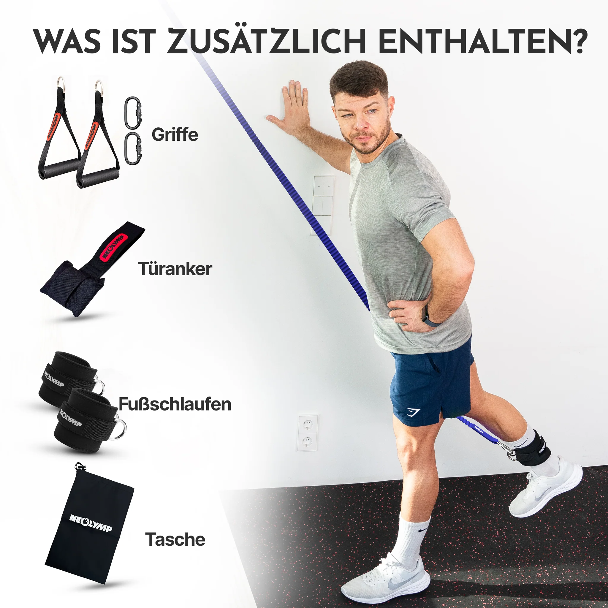 Mann macht Übung mit Band, Trainingszubehör nebenan.