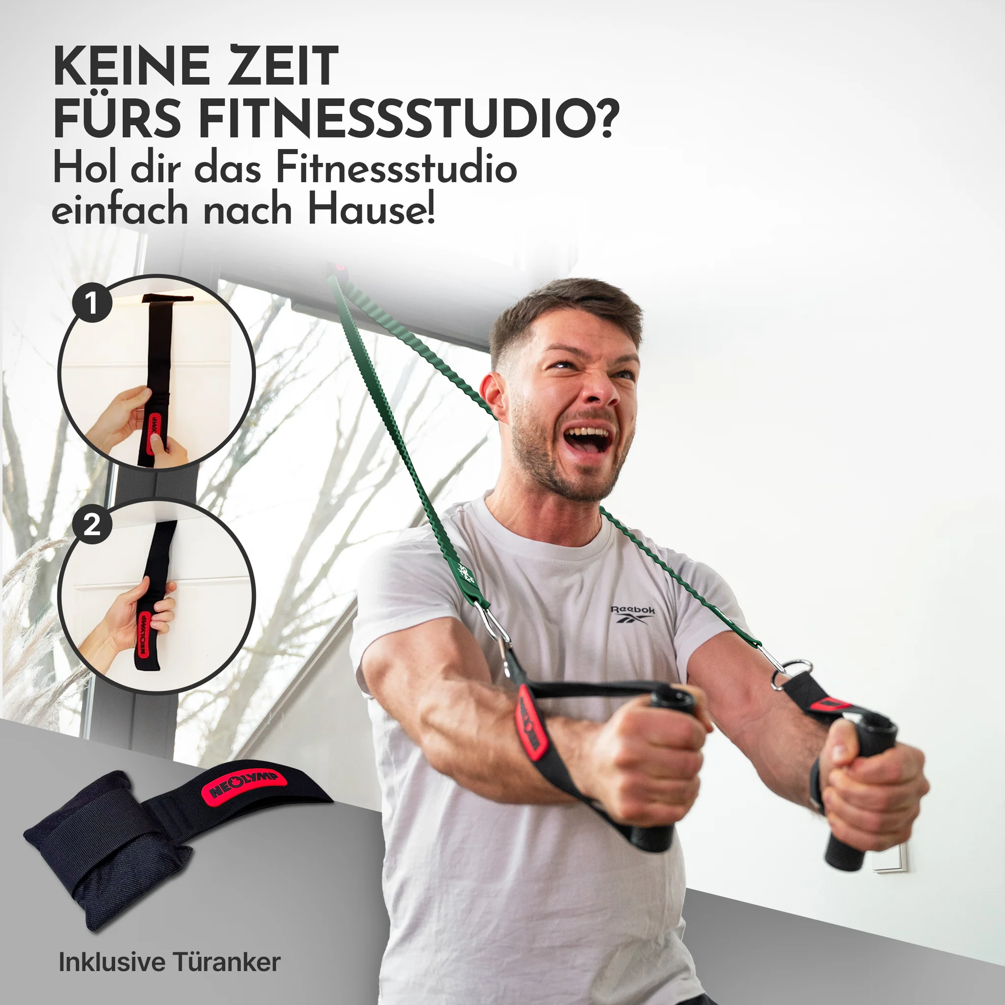 Mann trainiert mit Widerstandsband und Türanker, zeigt Fitnesszubehör.