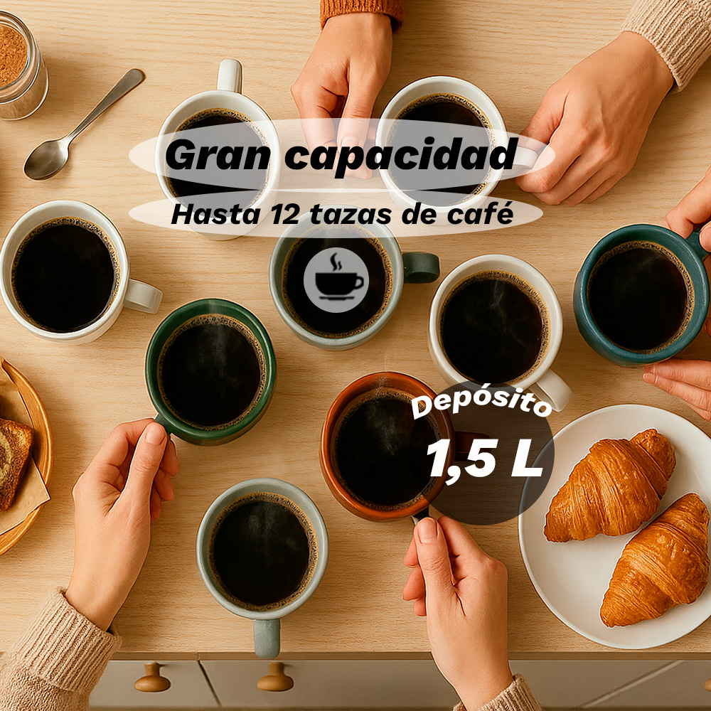 Varias manos sostienen tazas de café. Hay croissants sobre la mesa.