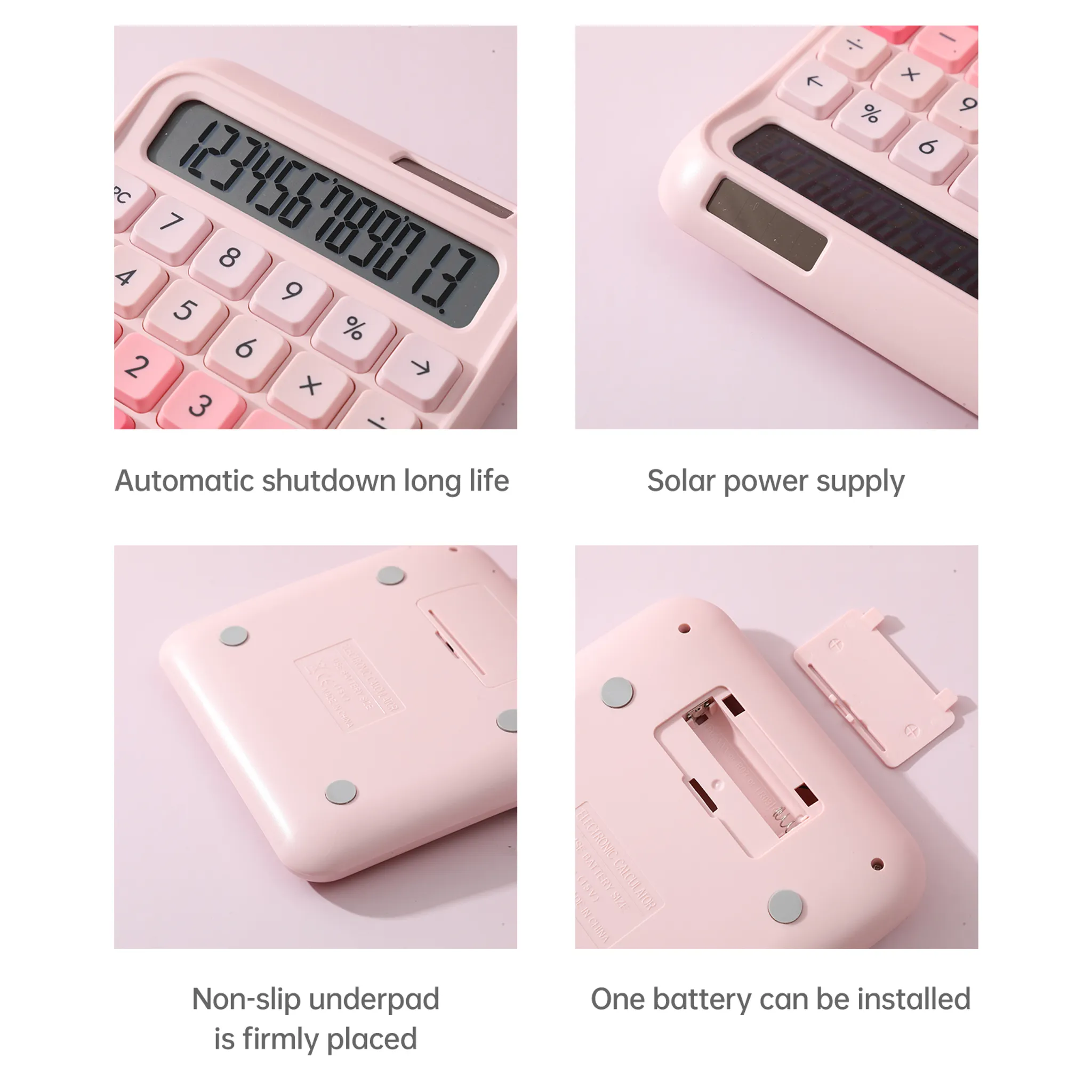 Ein rosafarbener Taschenrechner mit Solarpanel und Tastatur.