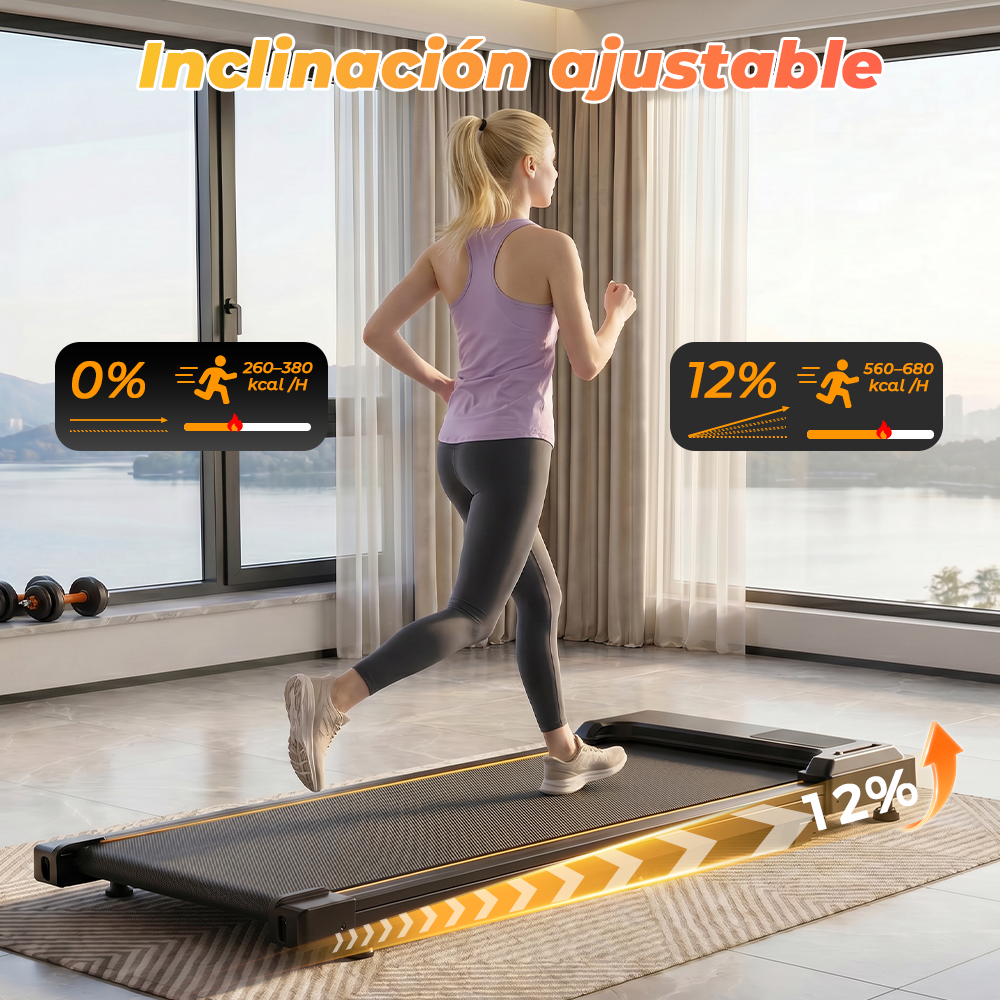 Una mujer corre en una cinta, mostrando pantallas de inclinación del 0% y 12%.