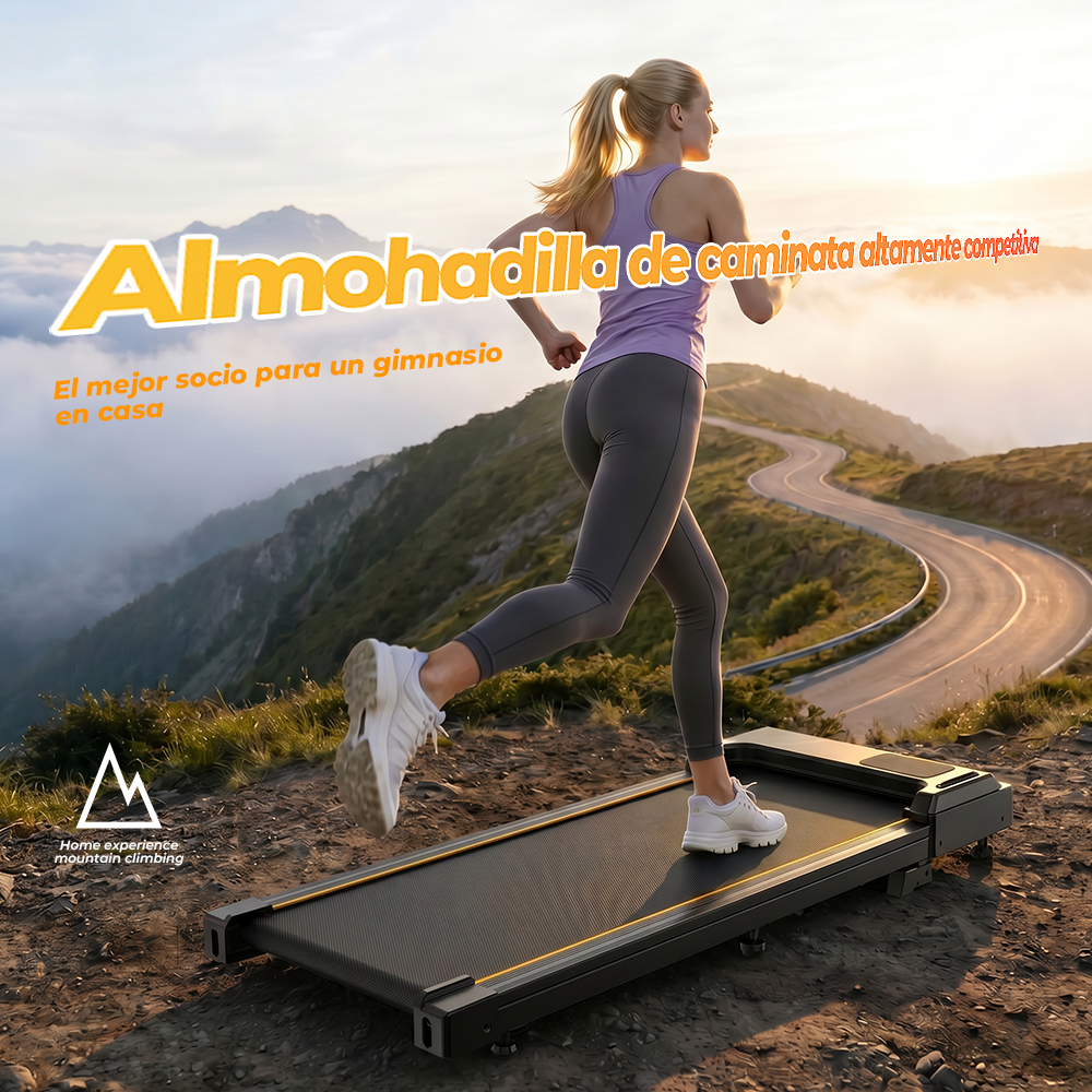 Mujer corriendo en cinta en montañas al atardecer. Texto: Almohadilla de caminata.
