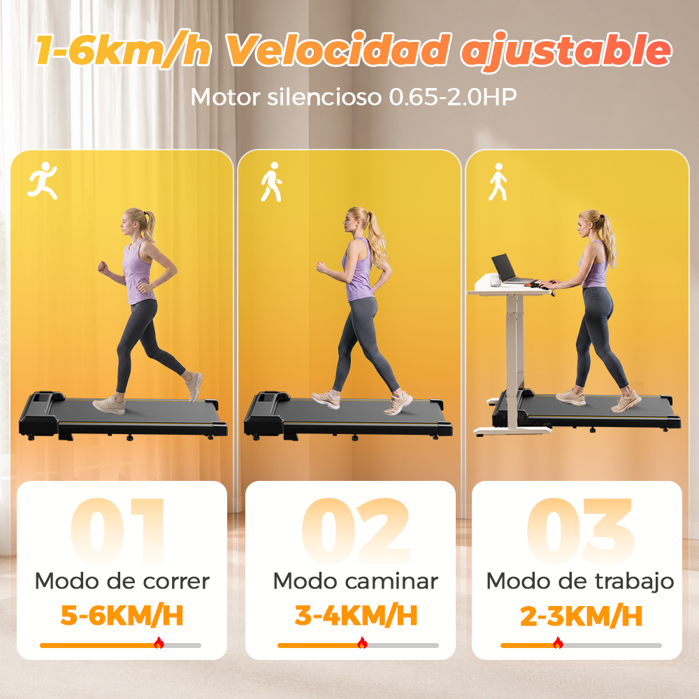 Modos de cinta: correr 5-6 km/h, caminar 3-4 km/h, trabajar 2-3 km/h.
