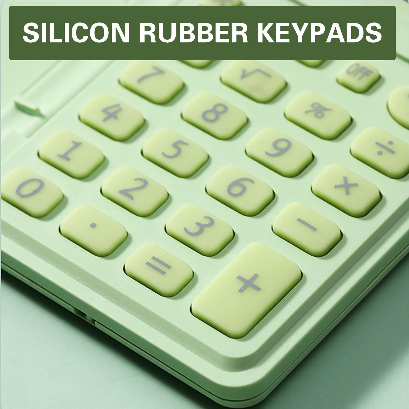 Hellgrüne Tastatur eines Taschenrechners mit Zahlen und Symbolen.