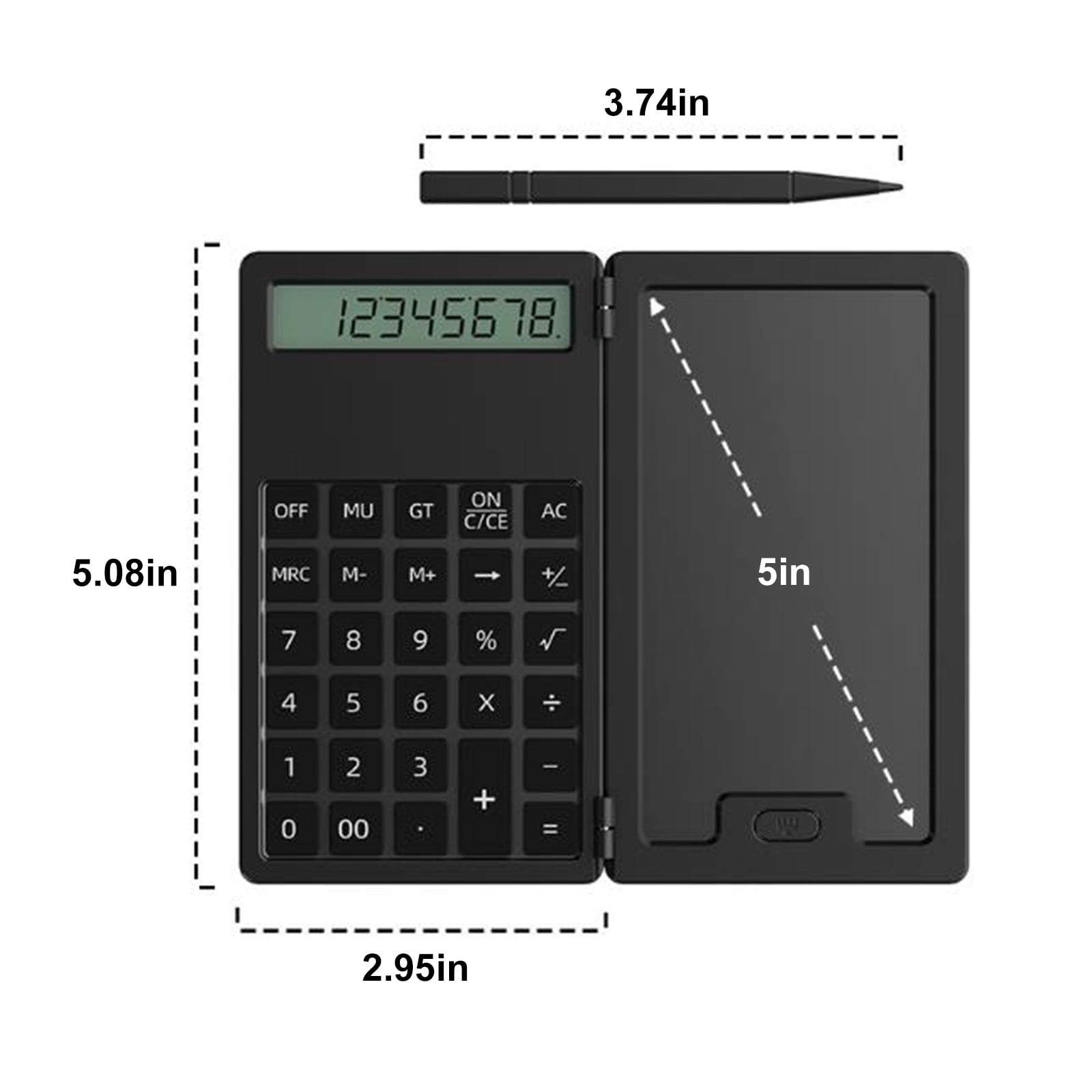 Schwarzer Klapprechner mit LCD-Anzeige und Tastenfeld. Maße sind angegeben.