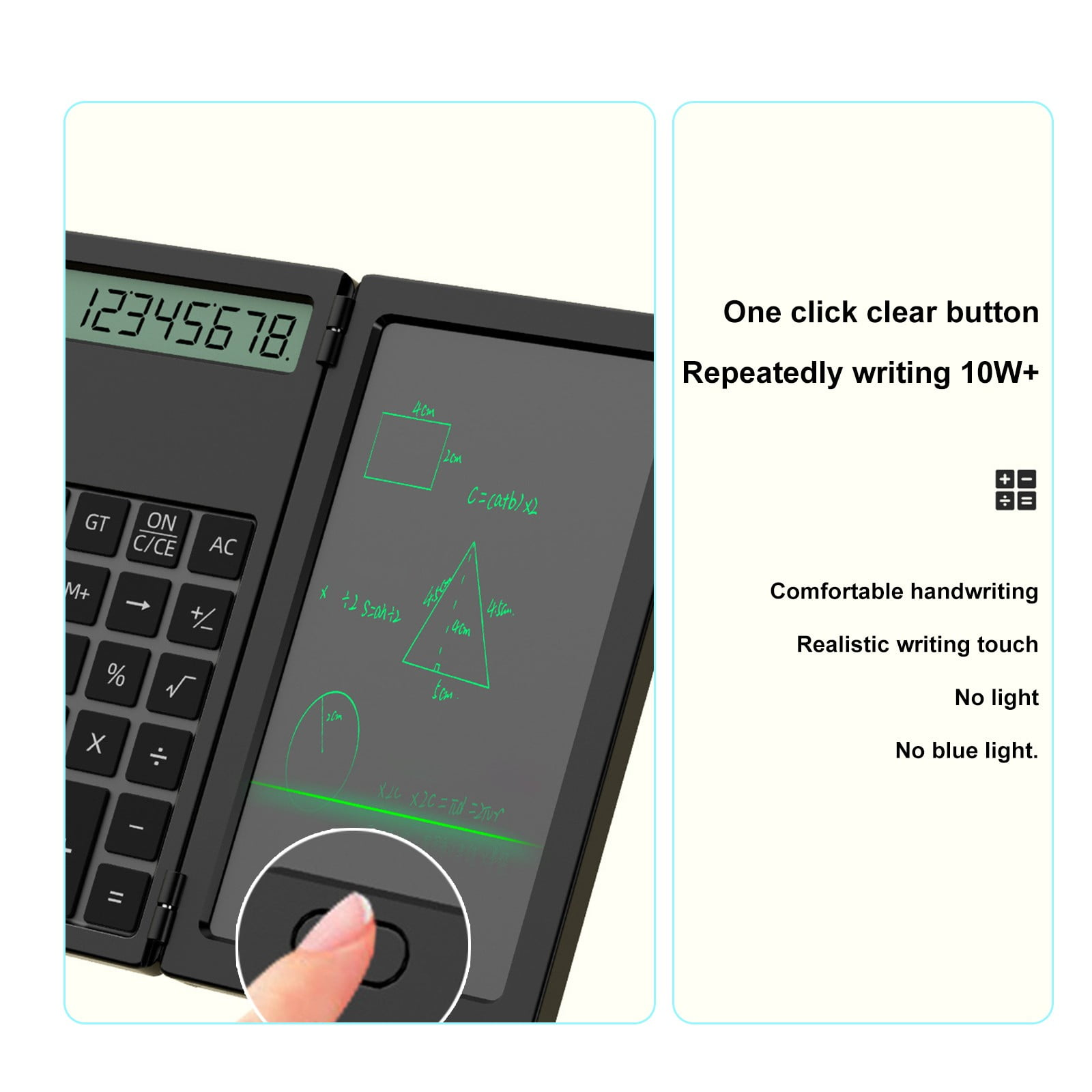 Ein schwarzer Taschenrechner mit LCD-Display, der mathematische Formeln anzeigt.