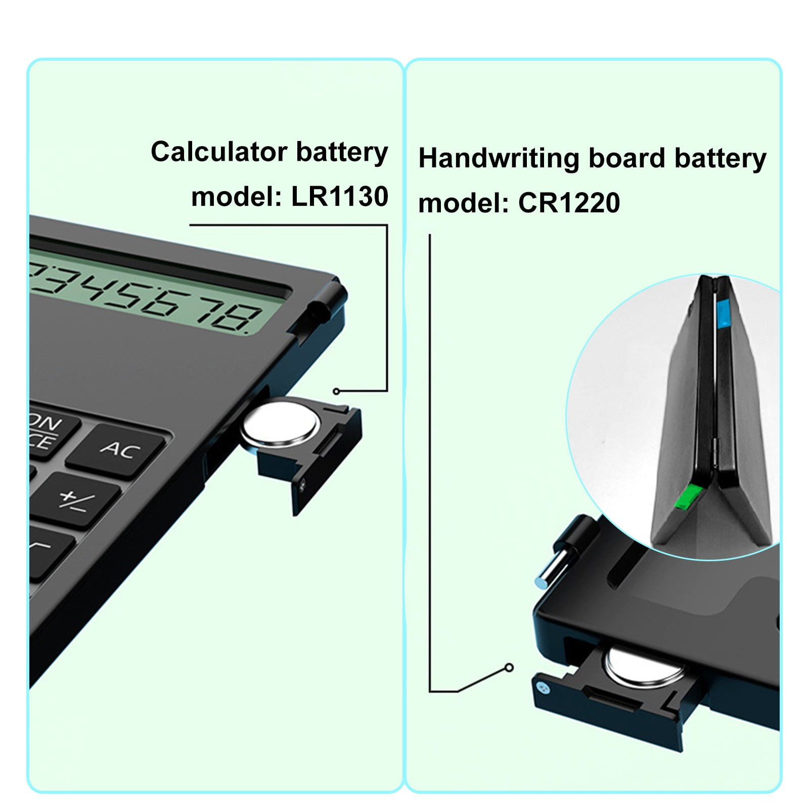 Ein schwarzer Taschenrechner mit ausgefahrener Batterie und ein Schreibtablett mit ausgefahrener Batterie.