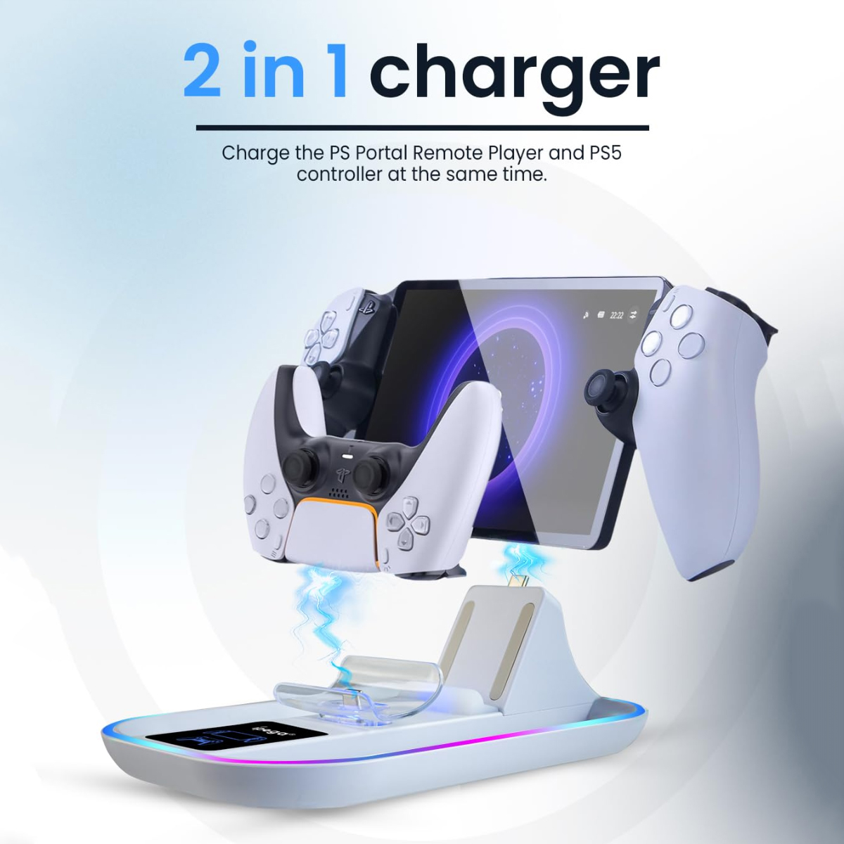 Eine weiße Ladestation für PS Portal und PS5-Controller mit blauen Ladeeffekten.