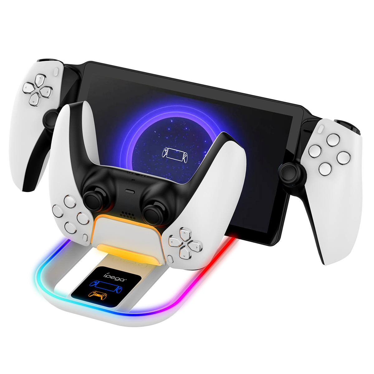 Ein weißer und schwarzer Gaming-Controllerhalter mit einem Tablet und bunten Lichtern.