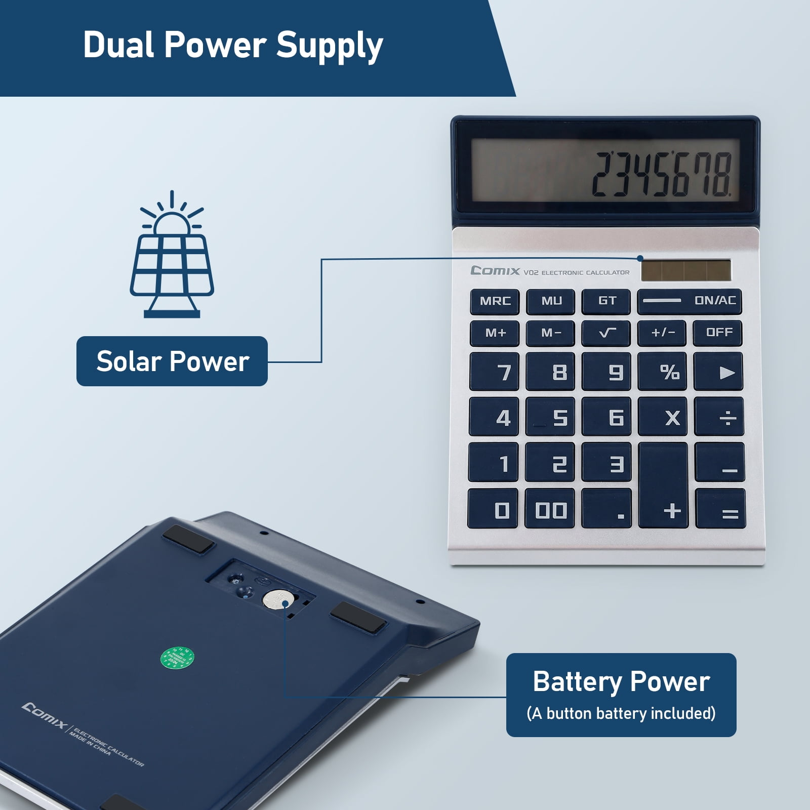 Taschenrechner mit Solar- und Batteriebetrieb, zeigt 2345678 an.