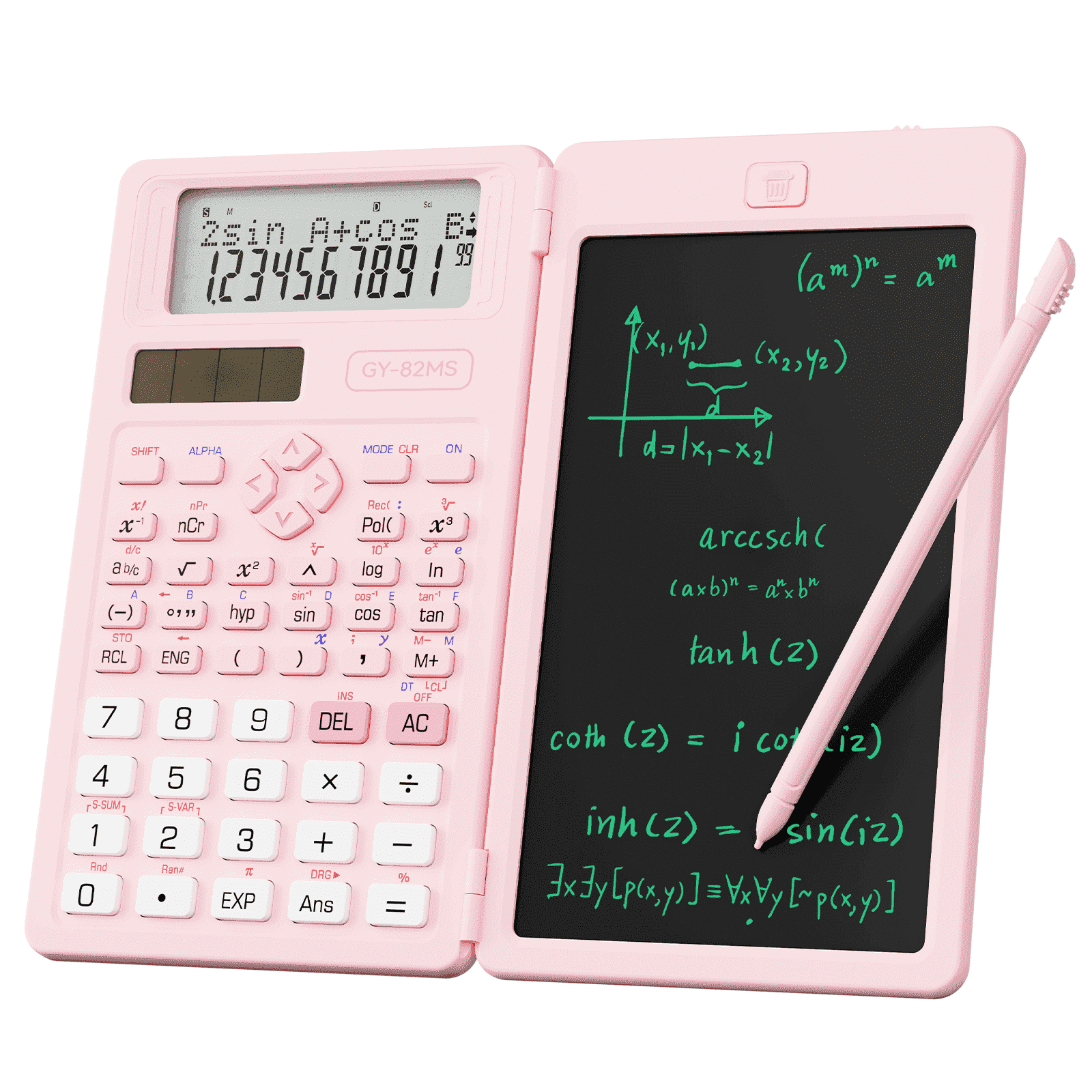 Ein pinker Taschenrechner mit einem Bildschirm, der mathematische Formeln und eine Grafik anzeigt.