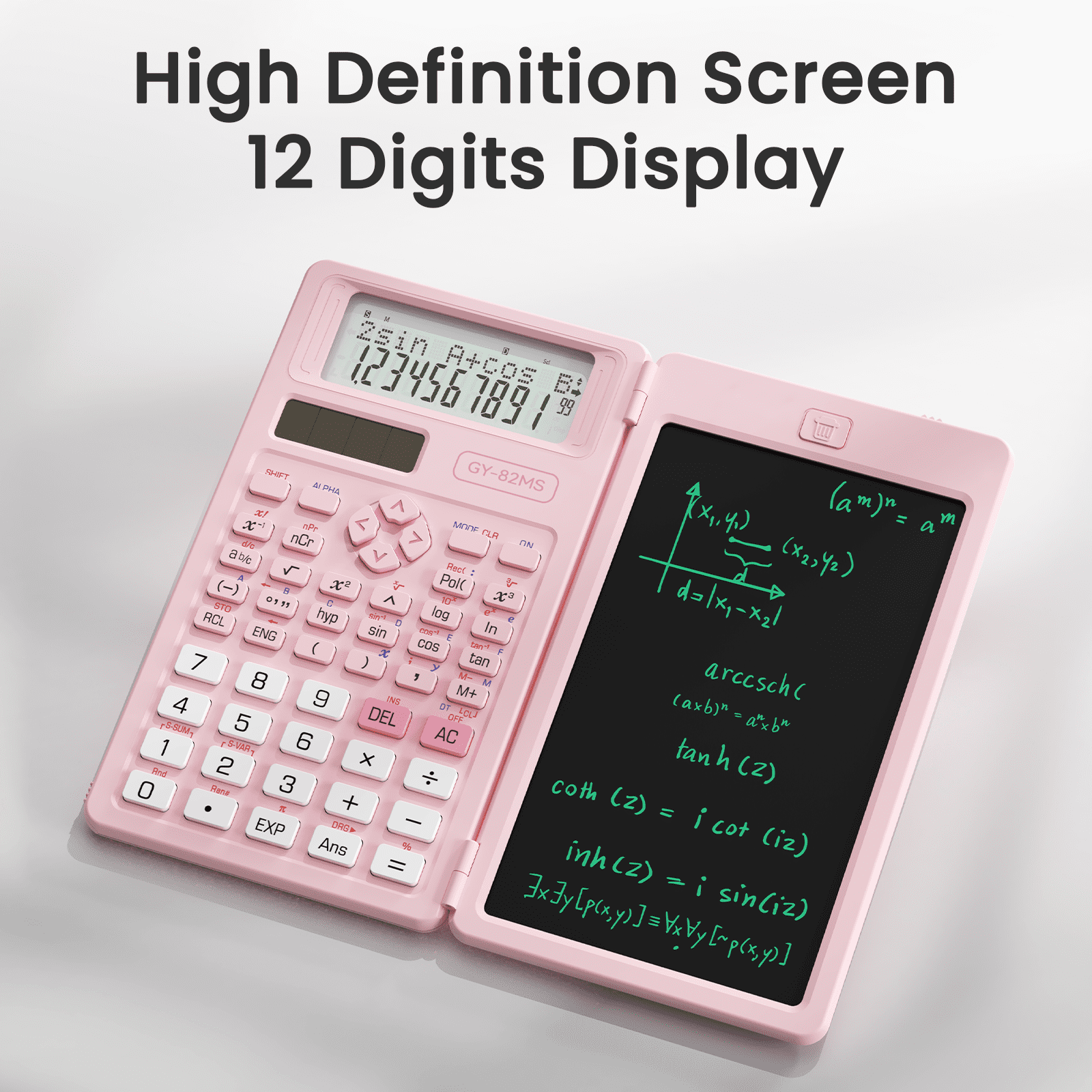 Ein rosafarbener Taschenrechner mit einem LCD-Display und einem Notizblock, der mathematische Formeln zeigt.