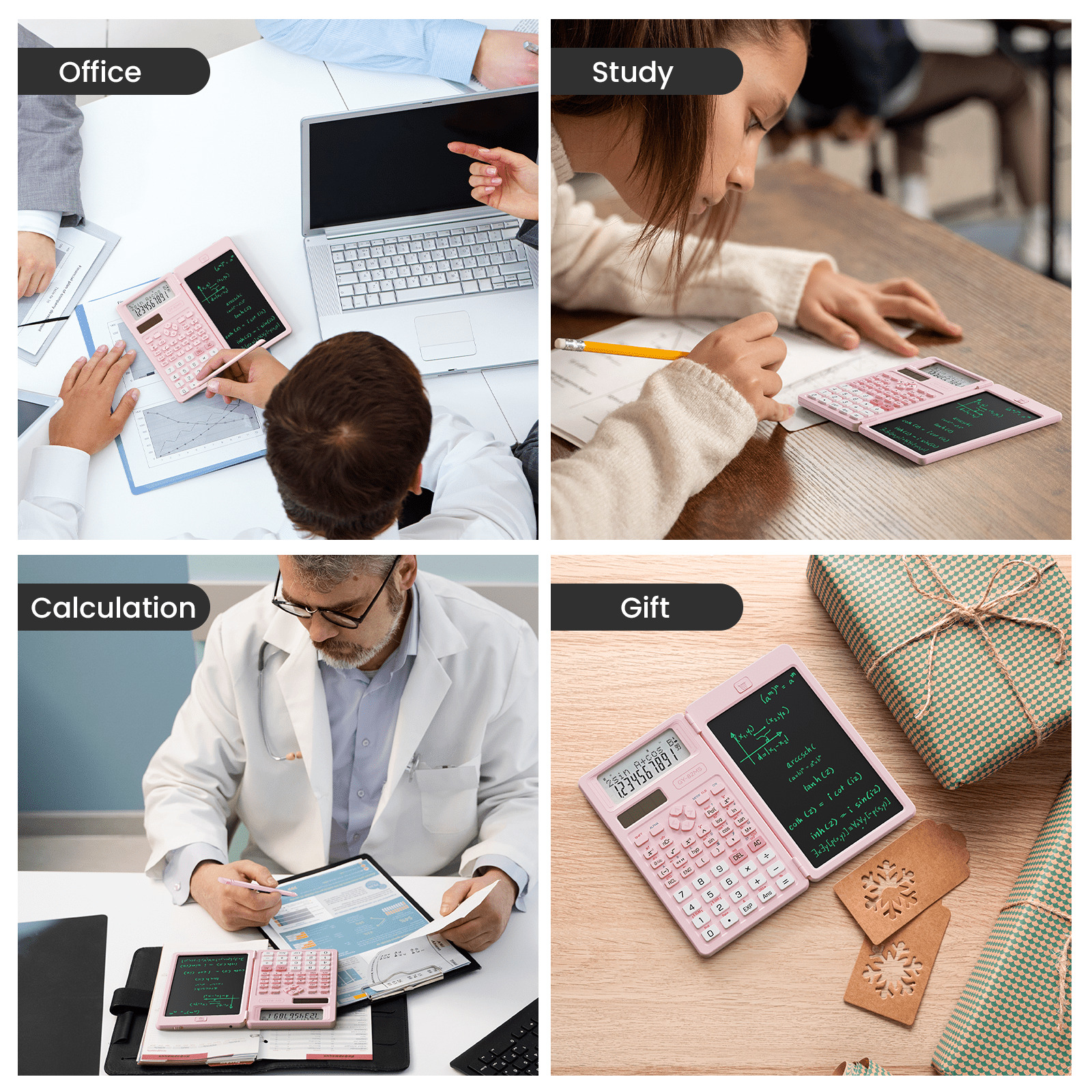 Vier Szenen: Büro, Lernen, Berechnung und Geschenk mit rosa Rechner.