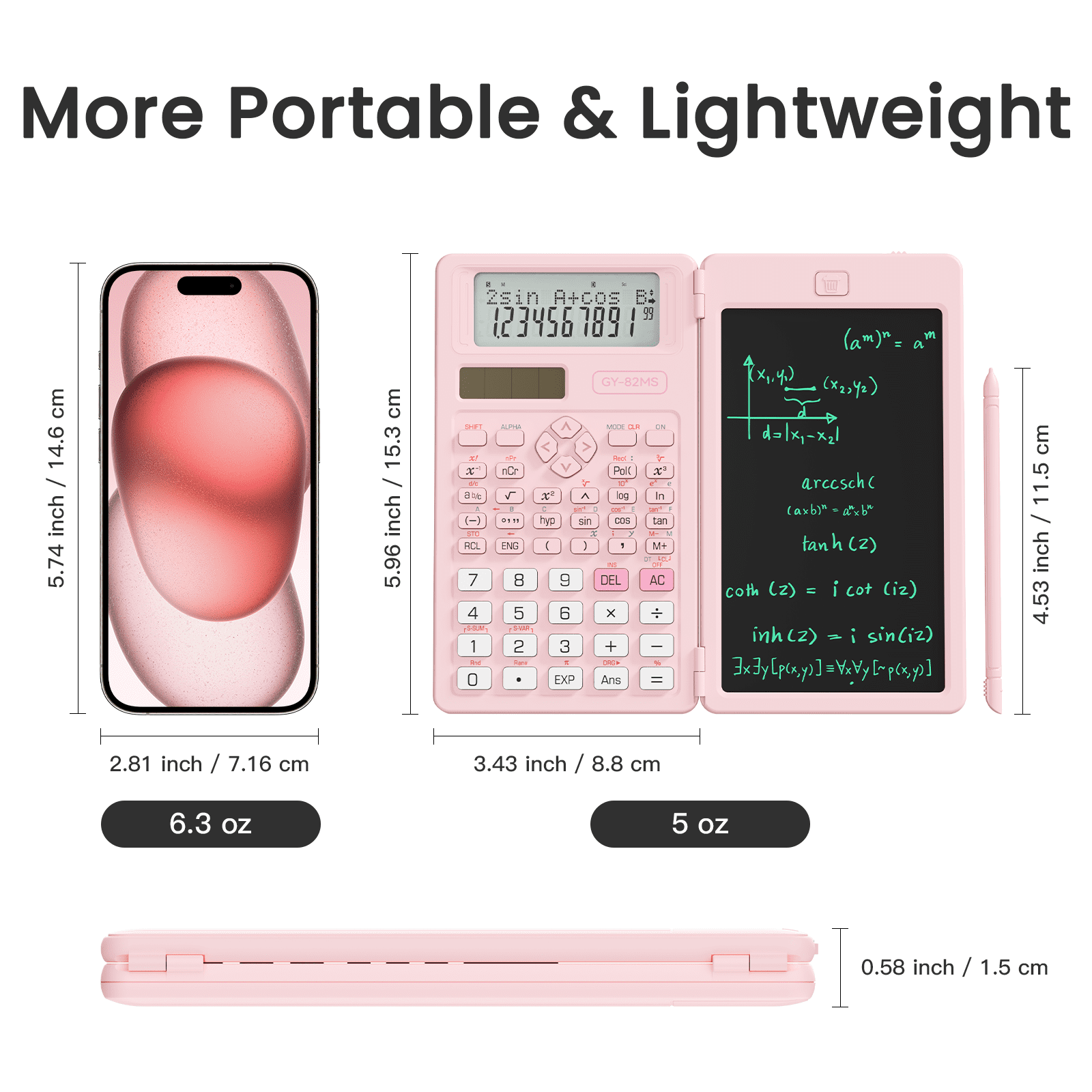 Ein rosa Taschenrechner mit Display und Stift, daneben ein Smartphone. Maße und Gewichte werden angezeigt.