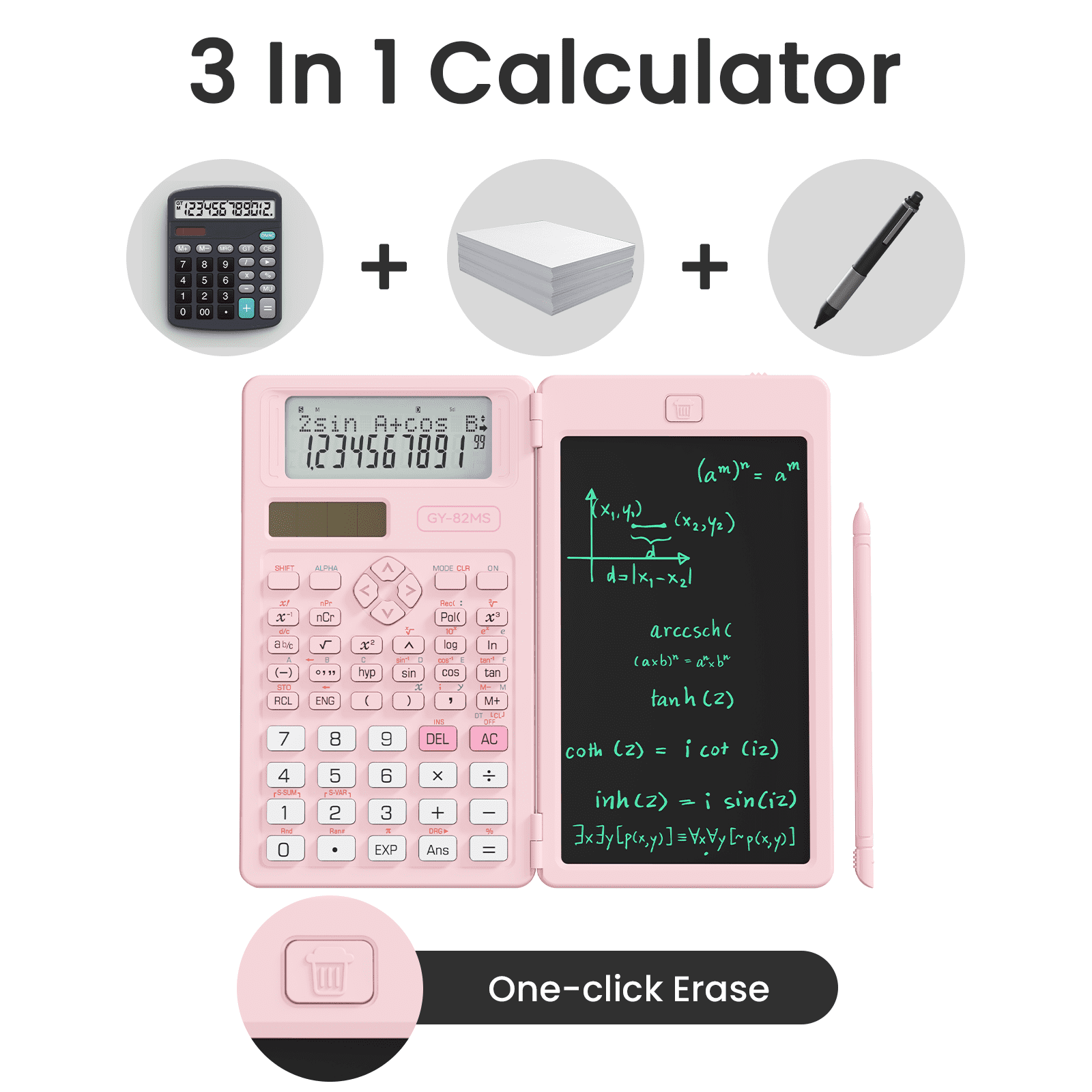 Ein rosa Taschenrechner mit LCD-Display und Tasten, daneben ein Stift und Papier.
