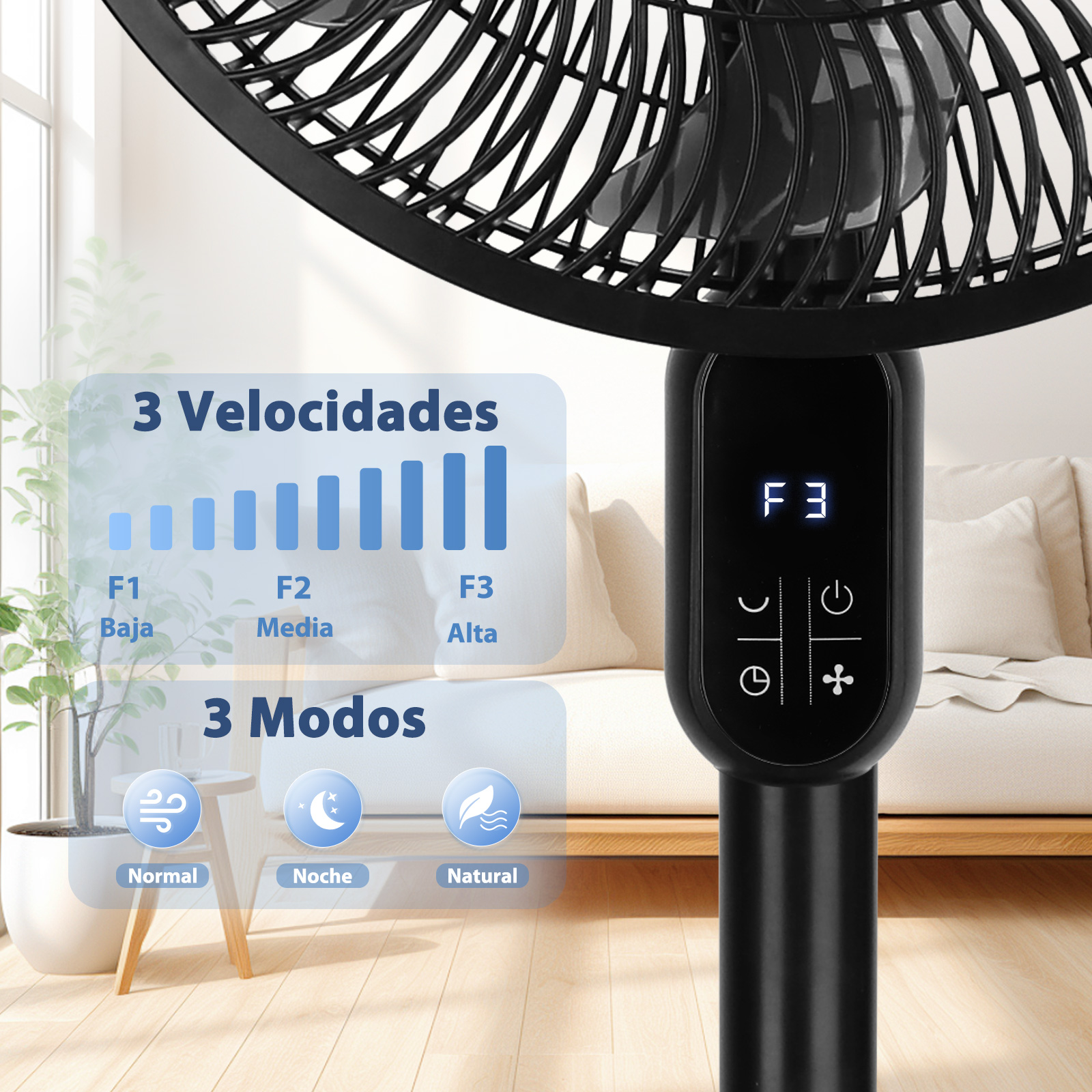 Se muestra un ventilador negro con tres velocidades y tres modos en una sala de estar.