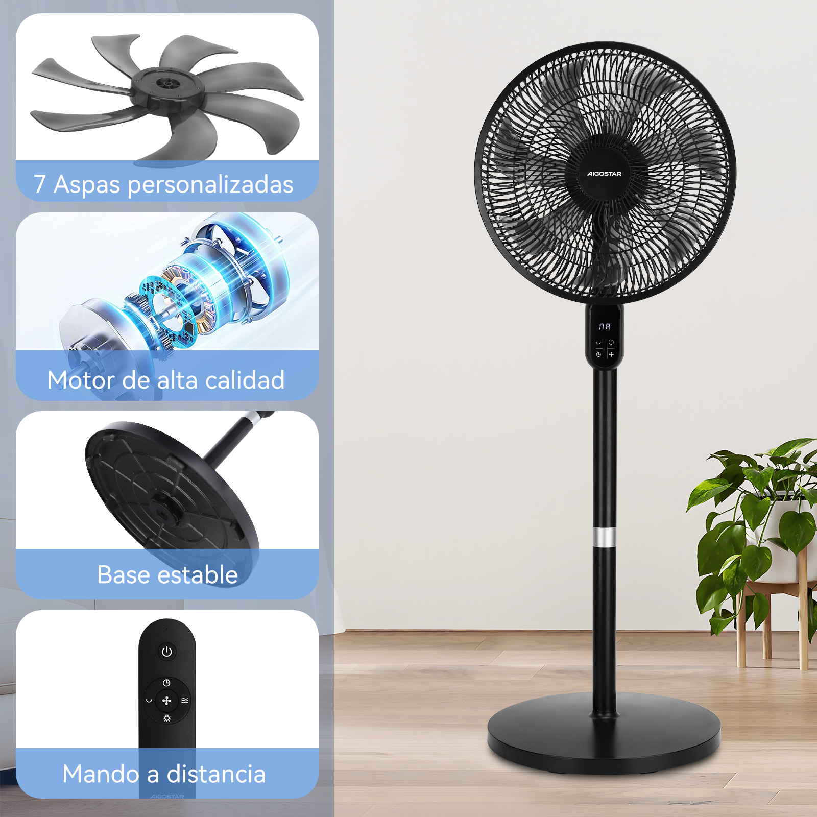 Un ventilador de pie negro con 7 aspas, motor detallado y mando a distancia.