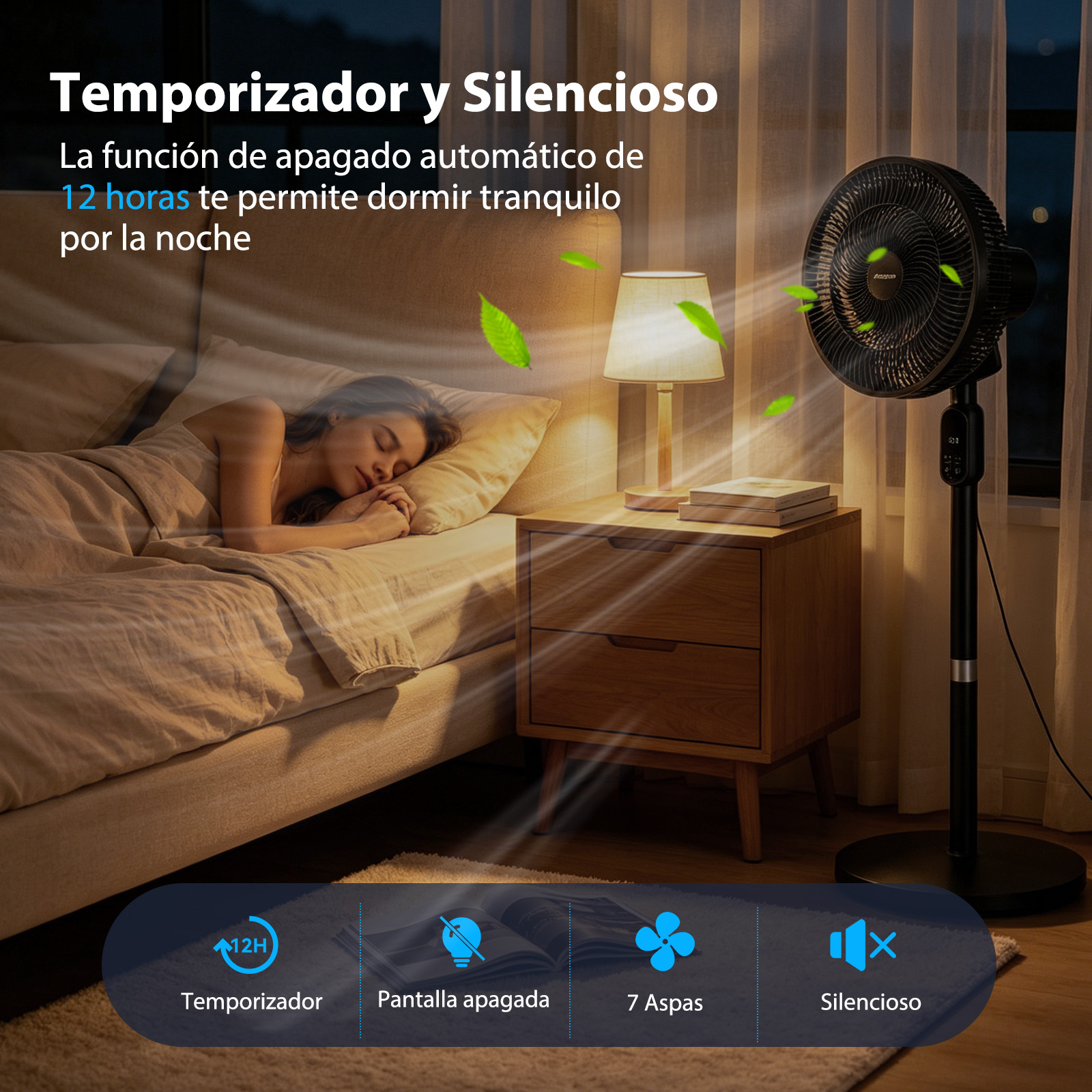 Una mujer duerme en la cama, un ventilador cerca. Texto sobre temporizador.