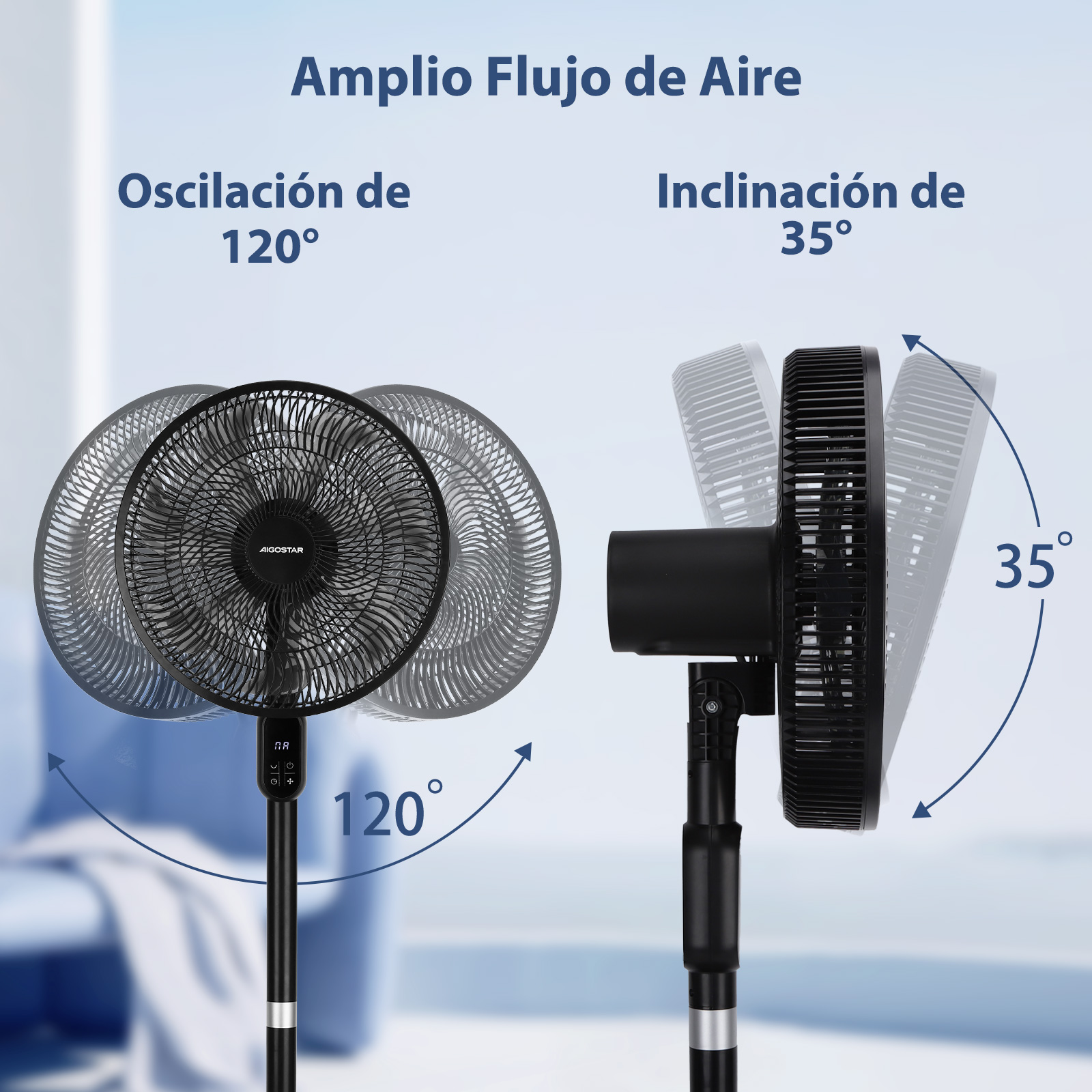 Un ventilador de pie negro con oscilación de 120° y inclinación de 35°.