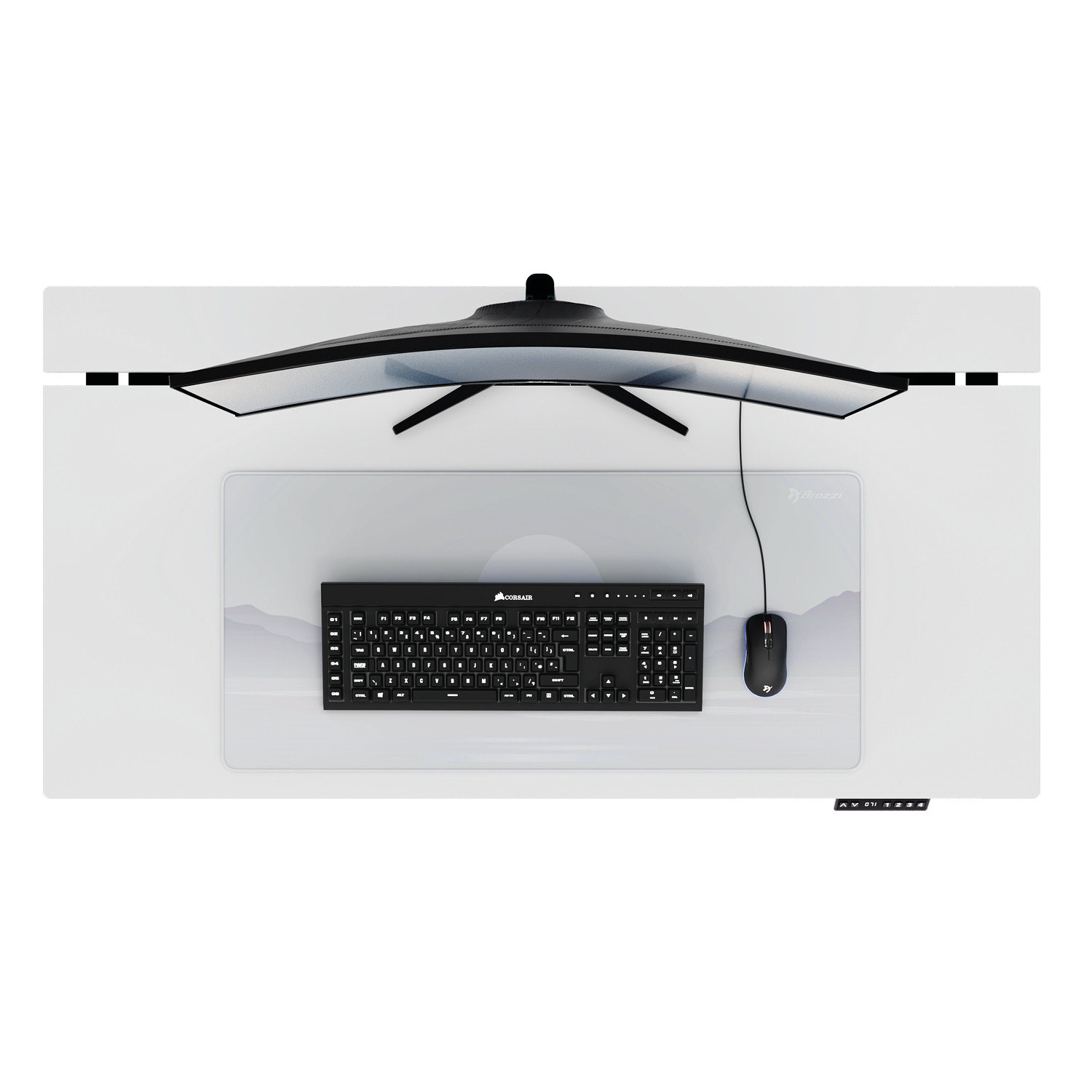 Ein gebogener Monitor sitzt über einer schwarzen Tastatur und Maus auf einem weißen Schreibtisch mit minimalistischer Mausunterlage.