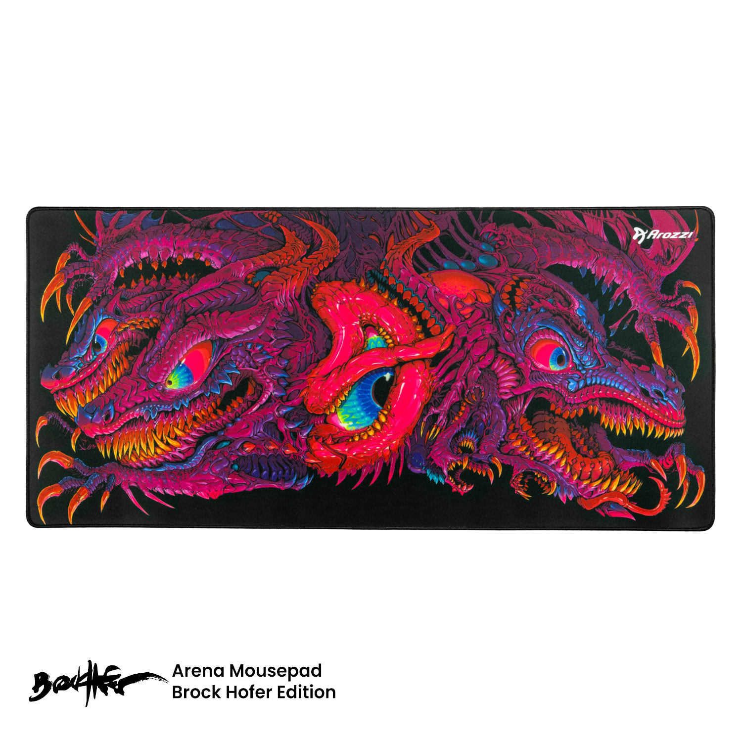 Eine Mousepad-Oberfläche mit einem detaillierten, bunten Bild von drei Drachenköpfen auf schwarzem Hintergrund.