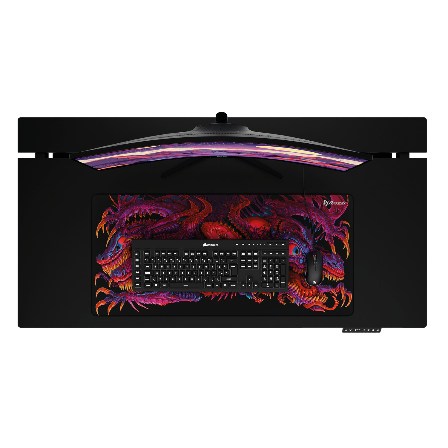 Ein gebogener Monitor über einer Tastatur und Maus auf einer Schreibtischmatte mit Drachenmotiv.