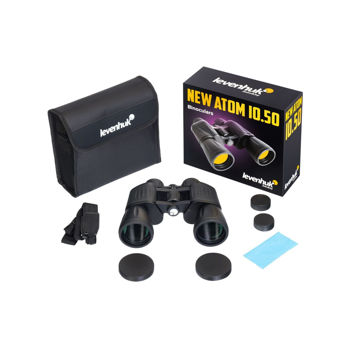 Binocolo Levenhuk nero con custodia, scatola, tappi e panno.
