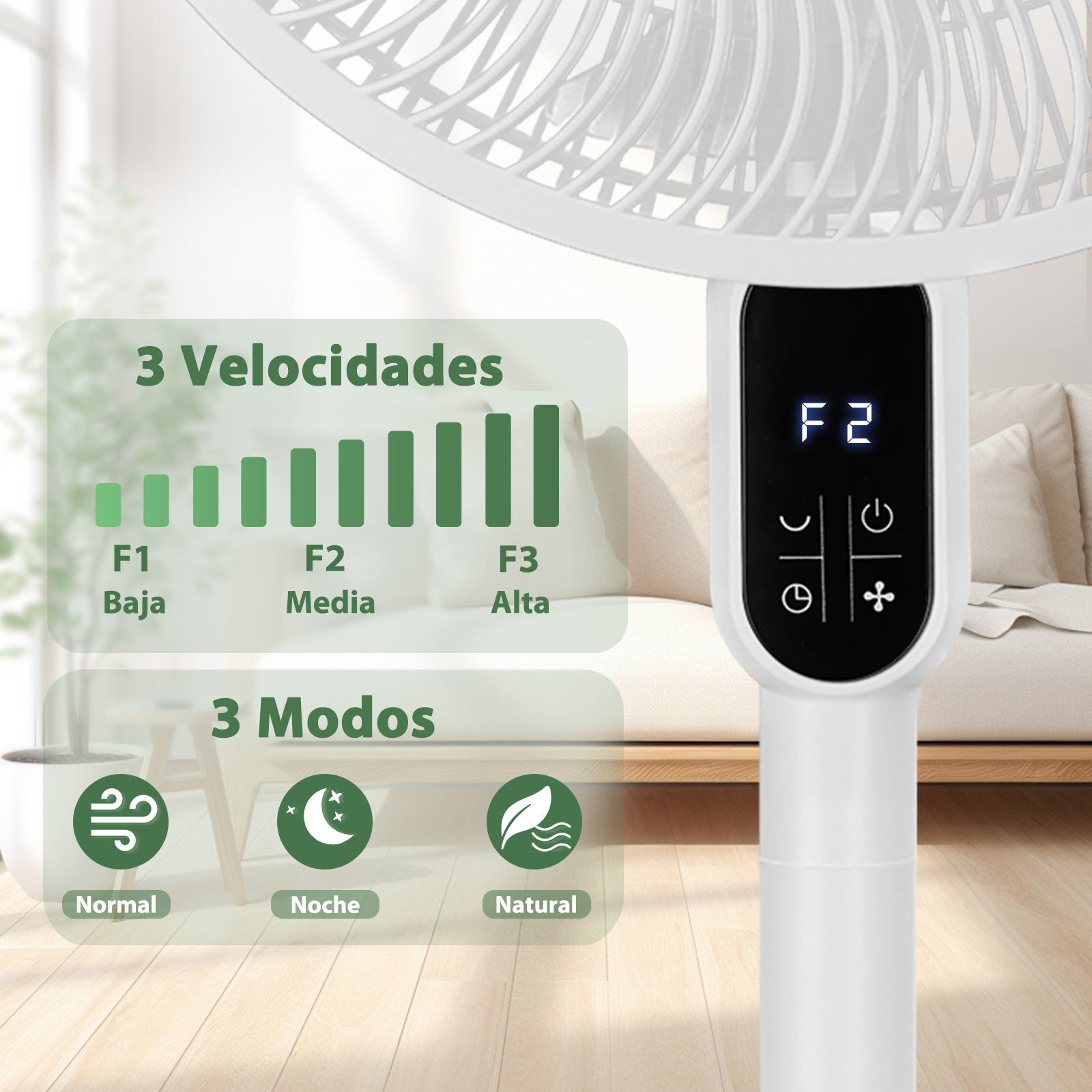 Un ventilador blanco con pantalla digital muestra F2. Tiene 3 velocidades y modos.