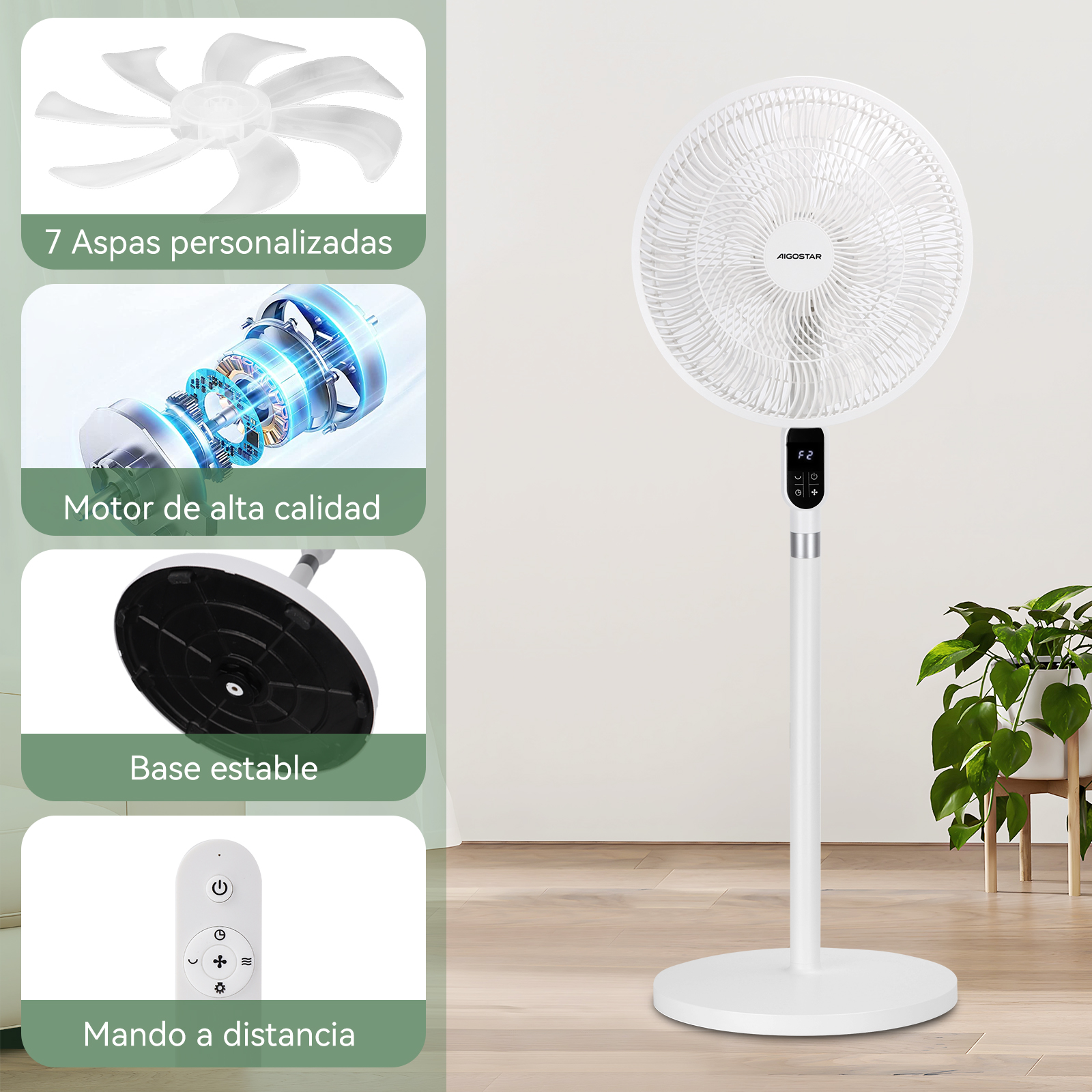 Un ventilador de pie blanco con mando a distancia y vistas detalladas.