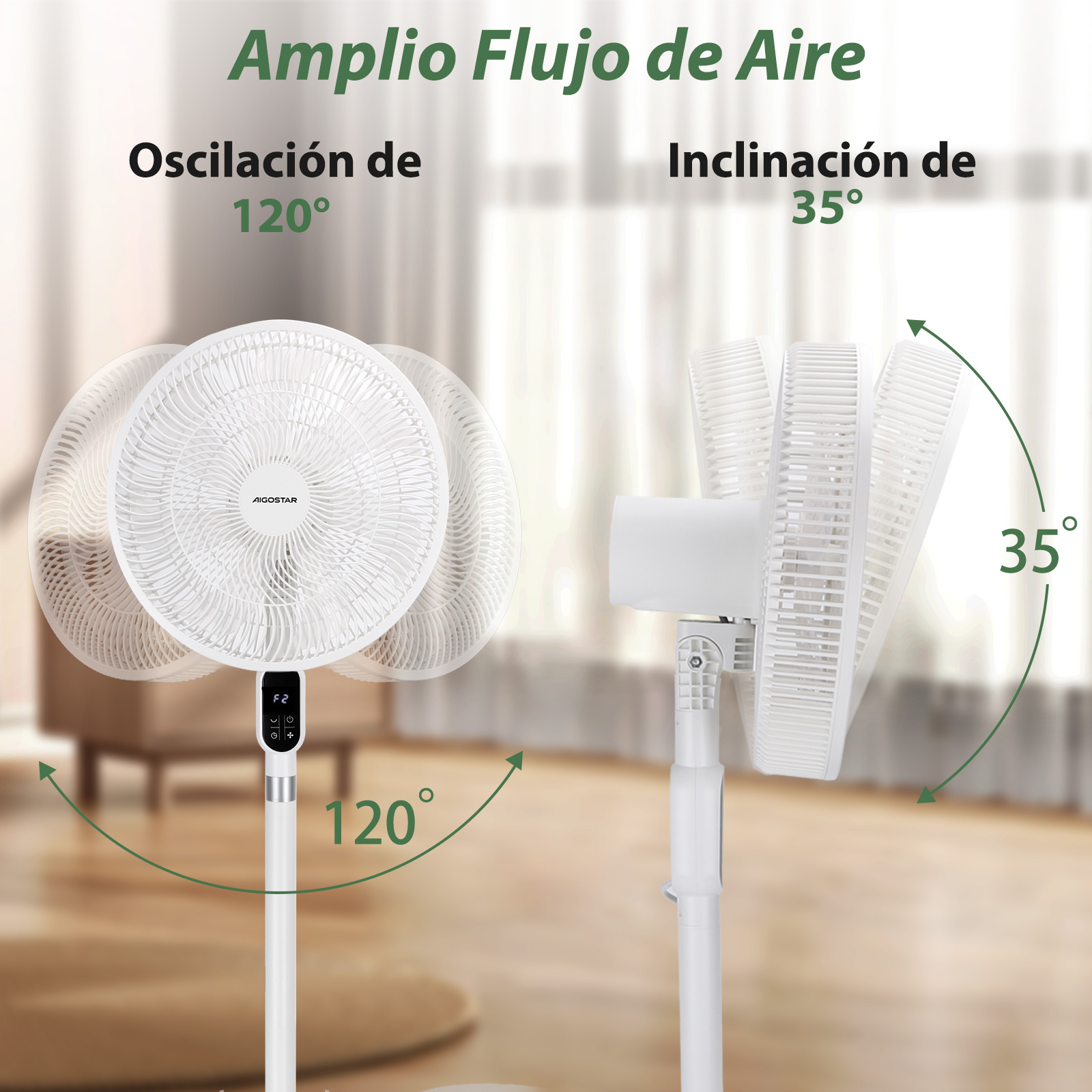 Un ventilador de pie blanco con oscilación de 120° e inclinación de 35°.