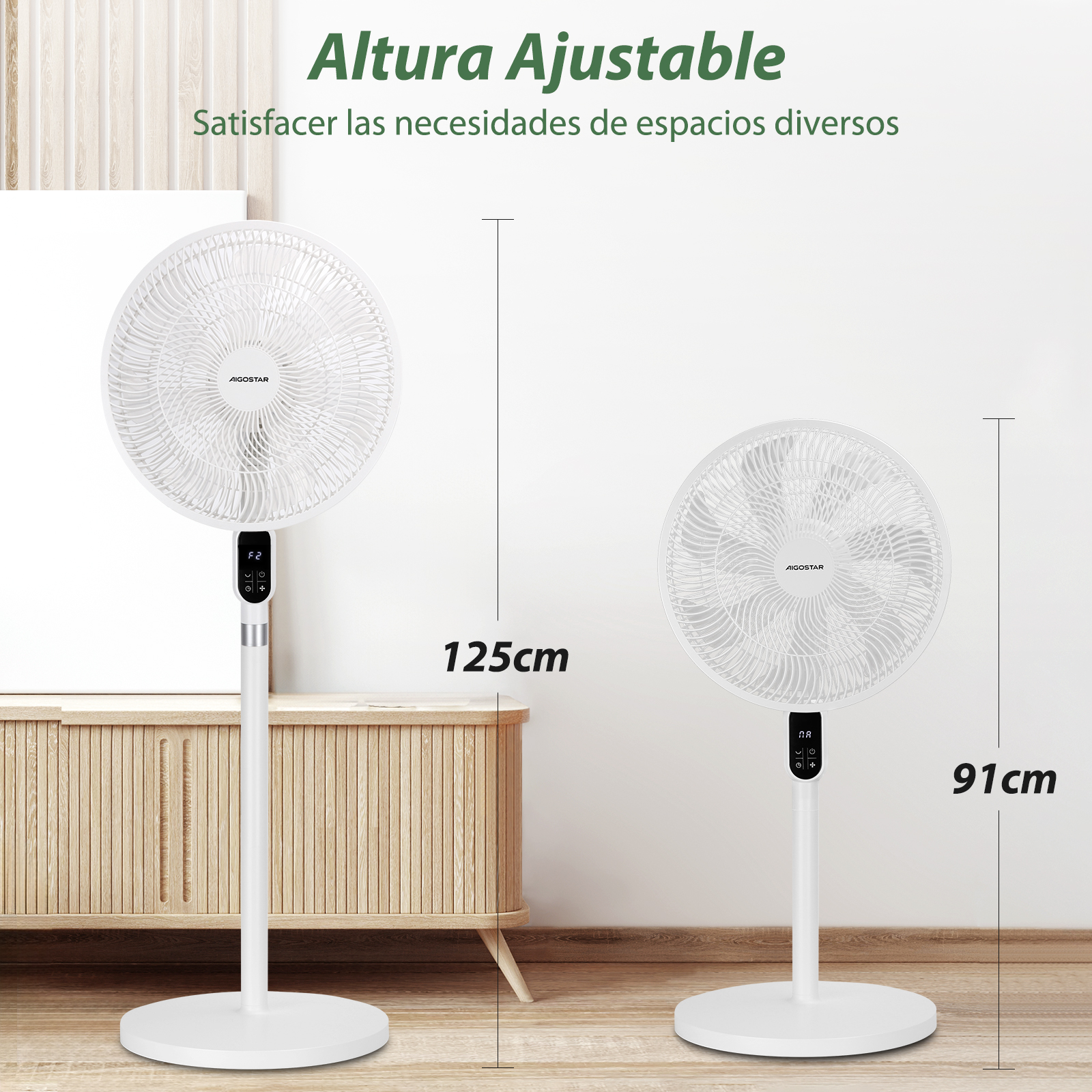 Dos ventiladores blancos de pie en una habitación, uno de 125cm y otro de 91cm.