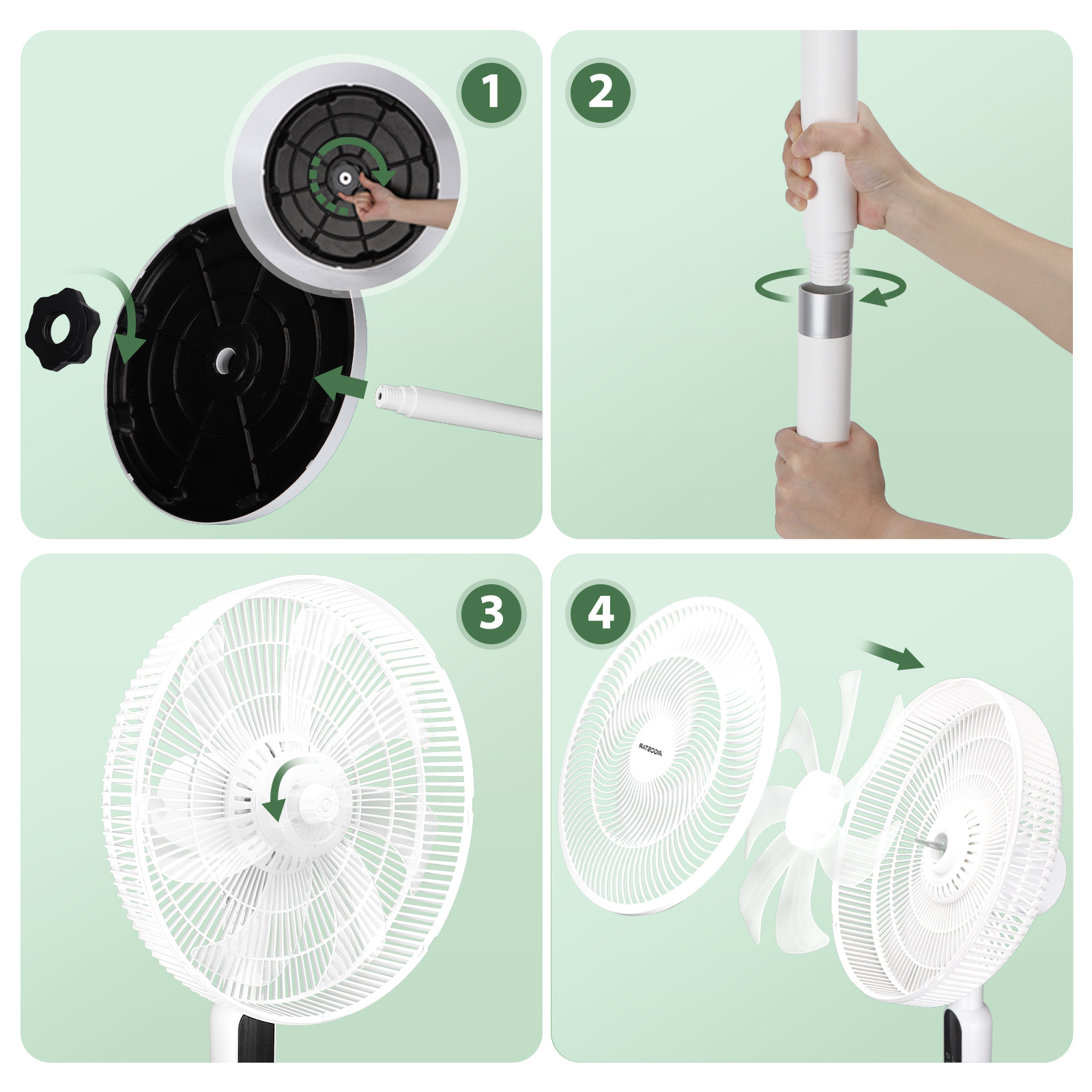Pasos de montaje de un ventilador blanco: fijar base, poste y cabezal.