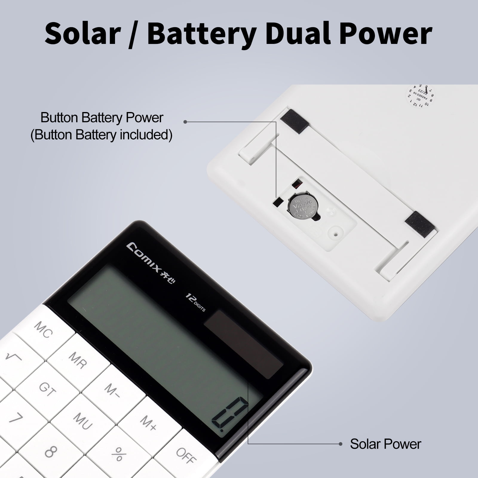 Ein weißer Taschenrechner mit schwarzem Display und Solar-/Batterie-Doppelstromversorgung.