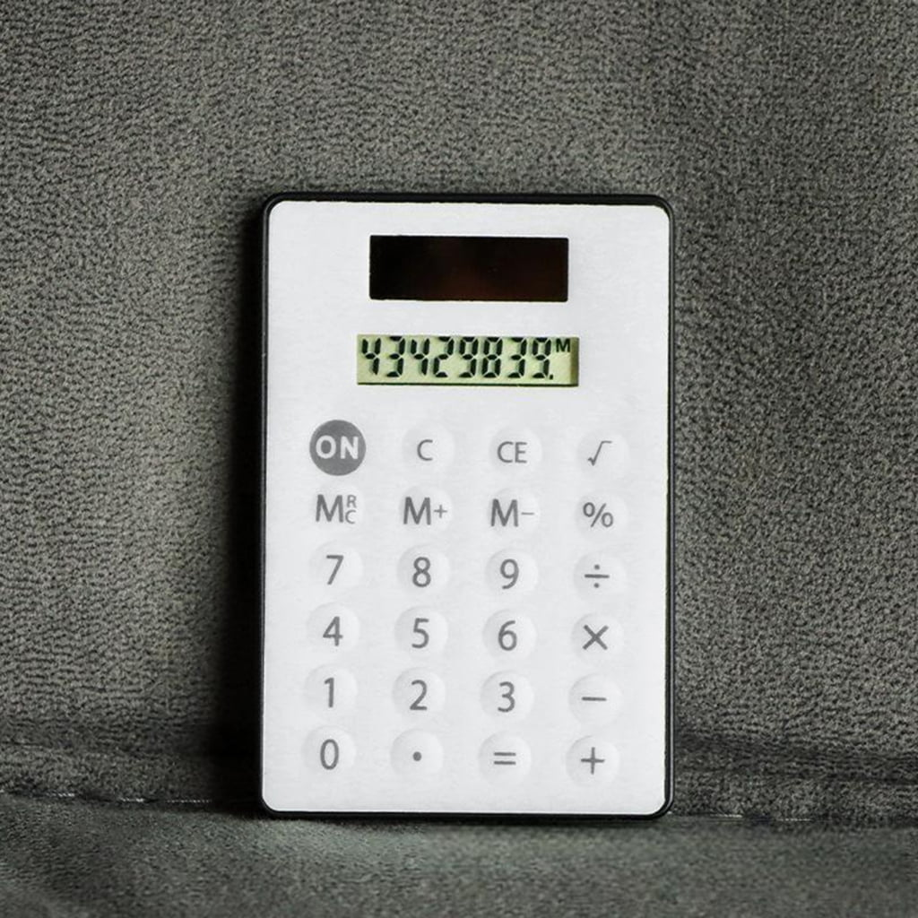 Ein weißer Taschenrechner mit schwarzem Bildschirm zeigt 43429839 an. Tasten umfassen Zahlen und Funktionen.