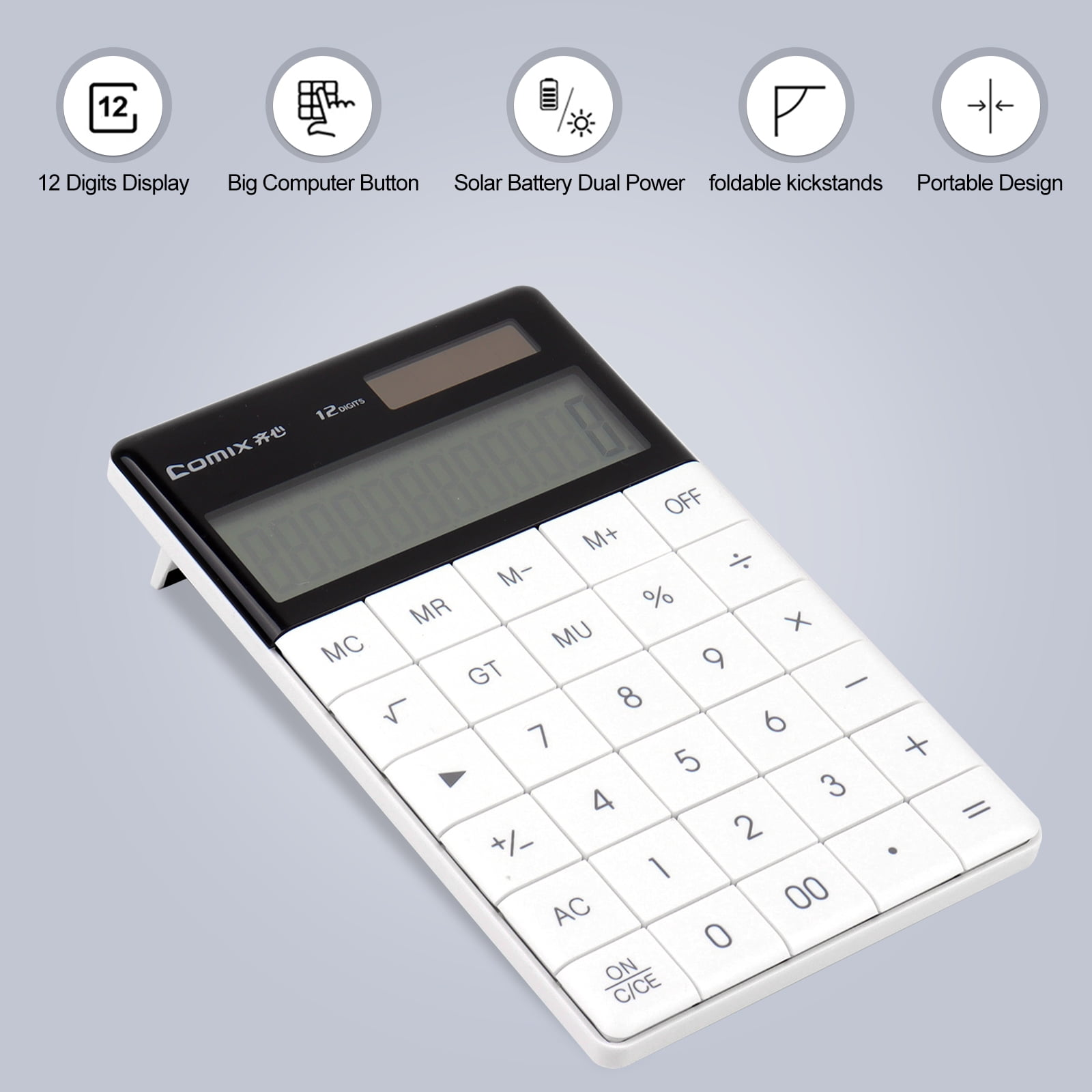 Ein schwarzer Taschenrechner mit weißen Tasten und einem Solarpanel.