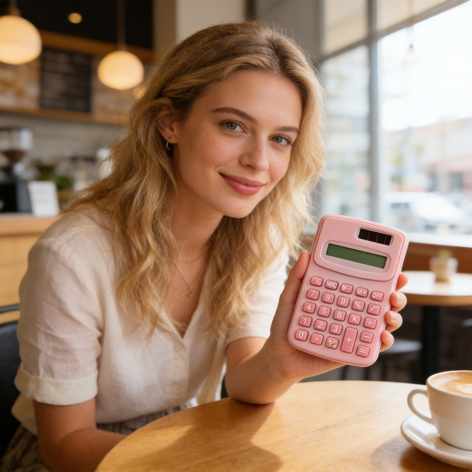 Frau hält rosafarbenen Taschenrechner in einem Café, mit Kaffee im Vordergrund.