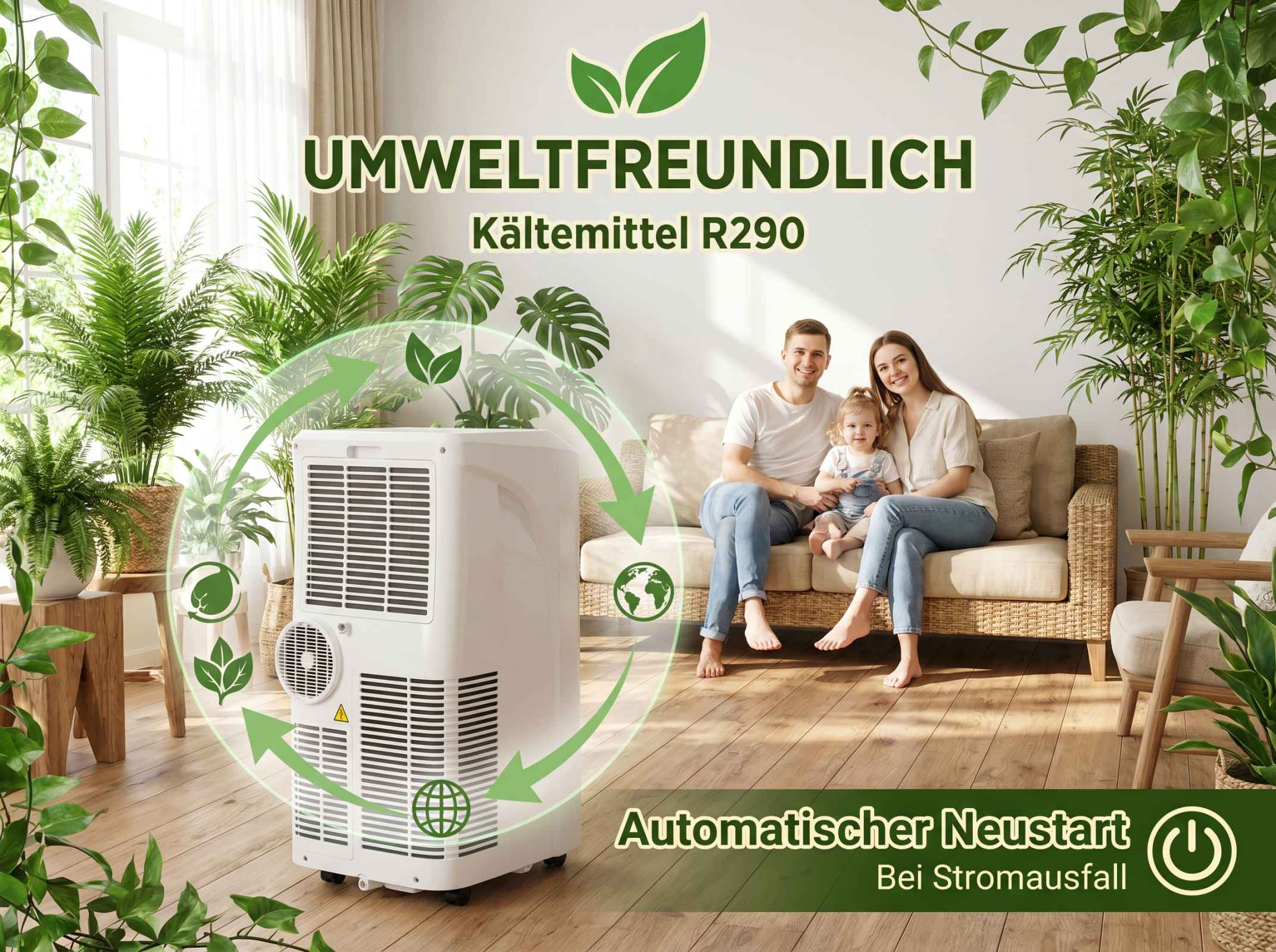 Familie sitzt auf Sofa neben Klimagerät, umgeben von Pflanzen. Umweltfreundlich.