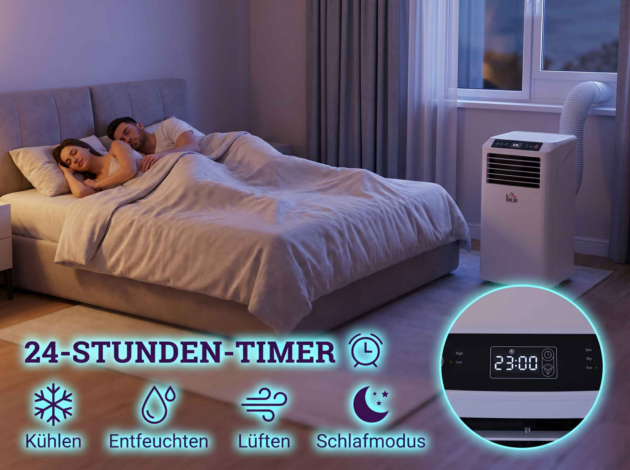 Ein Paar schläft im Bett, während ein tragbares Klimagerät daneben steht.