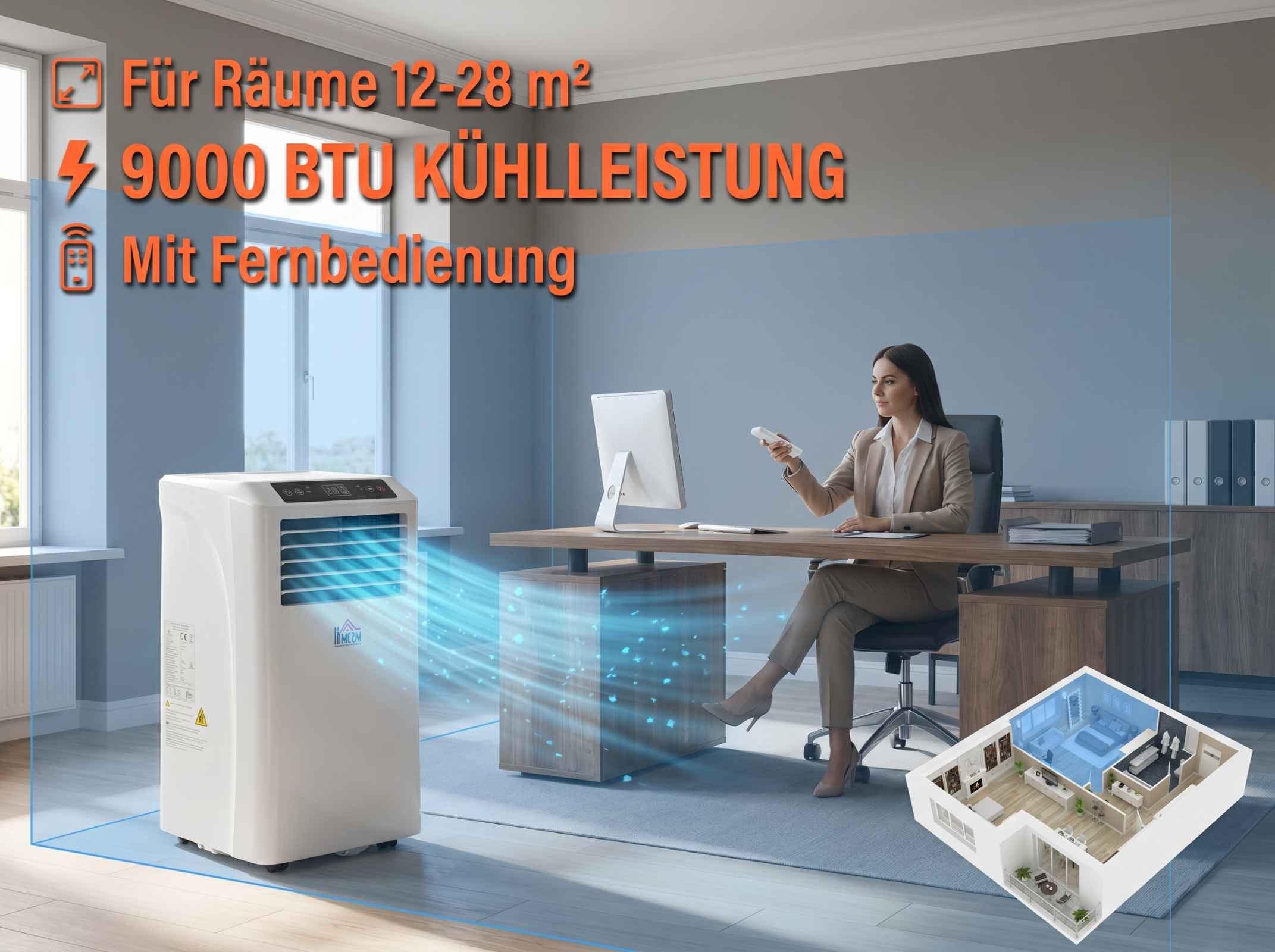 Ein weißer Luftkühler kühlt einen Büroraum, in dem eine Frau am Schreibtisch sitzt.