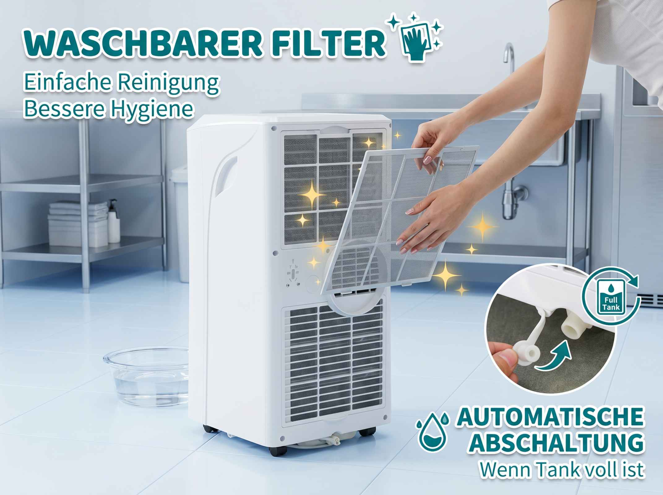 Eine Person entfernt den waschbaren Filter eines weißen Geräts. Der Tank ist voll.